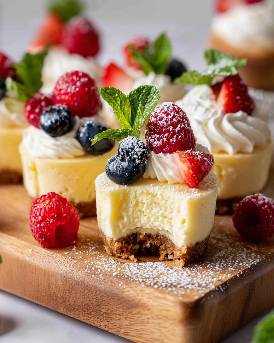 The image shows small cheesecakes with three clear layers: a bottom brown crumbly crust, a thick creamy pale yellow cheesecake middle, and a top white whipped cream swirl. Each cheesecake is decorated with fresh red raspberries, deep red strawberries, dark blue blueberries, and bright green mint leaves. Some cheesecakes have powdered sugar sprinkled on top and around them. They are arranged on a light brown wooden stand with a white marbled background. One cheesecake in the front has a bite taken out, showing the smooth inside texture. Nearby are extra berries and mint leaves, adding color and freshness. photo taken with an iphone --ar 4:5 --v 7