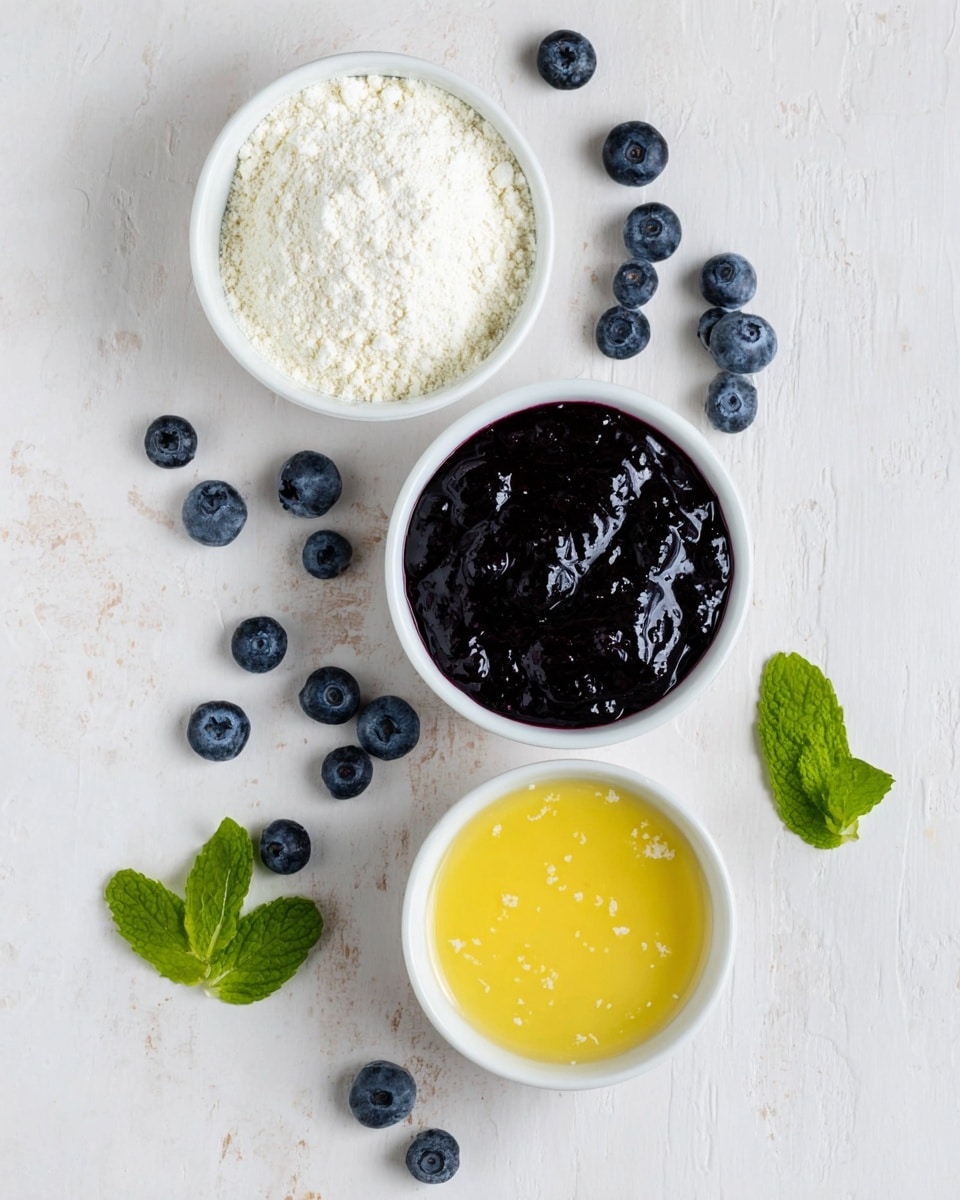 The image shows three small white bowls placed on a white marbled surface. The top left bowl is filled with fine white flour that looks soft and powdery. The bowl in the middle holds a thick, shiny dark purple blueberry sauce with a smooth but slightly chunky texture. The bottom right bowl contains melted yellow butter that appears glossy with tiny white bits on top. Around the bowls, there are scattered fresh blueberries and a couple of green mint leaves with clear veins, adding a touch of fresh color. Photo taken with an iphone --ar 4:5 --v 7