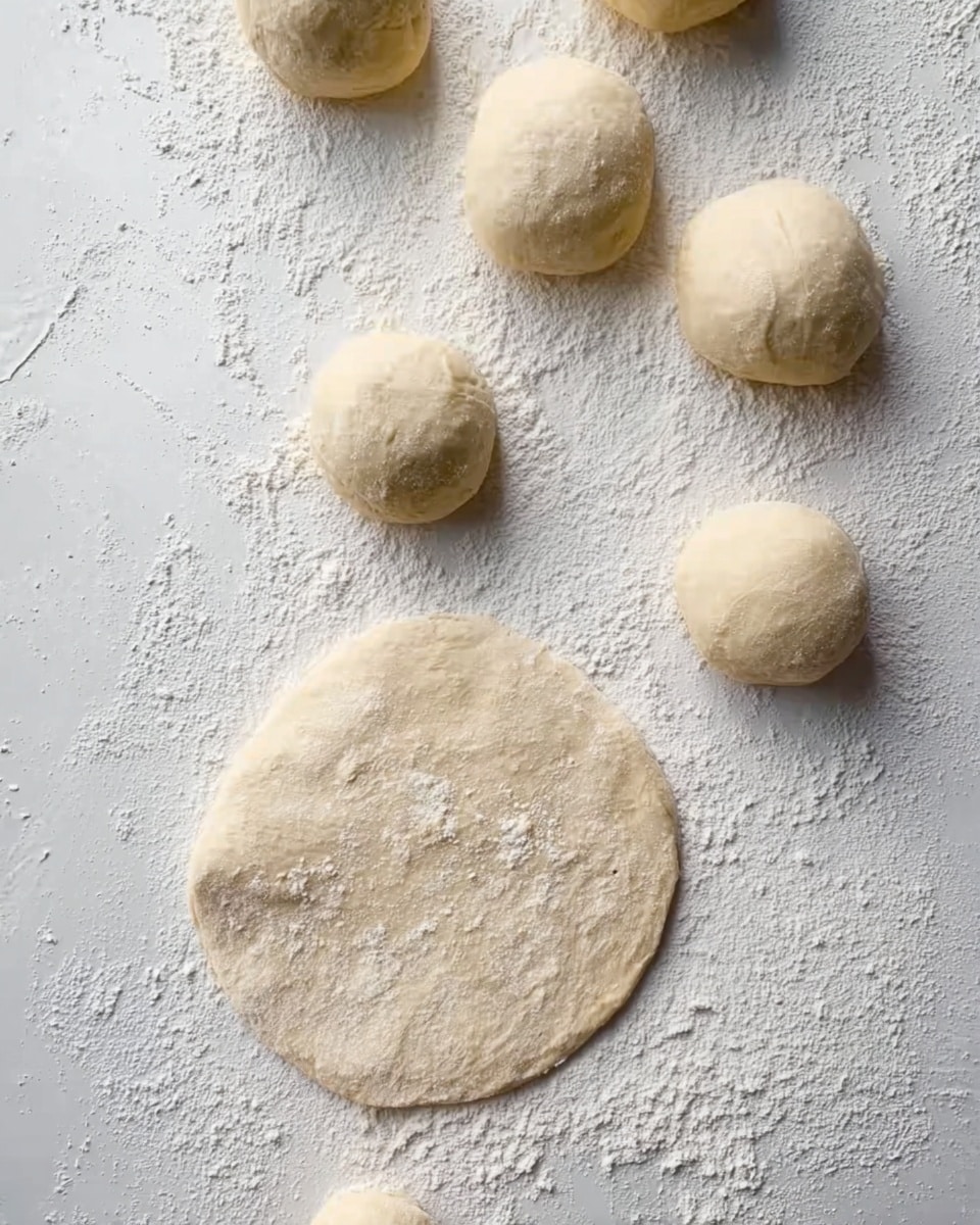 The image shows several round dough balls and one flattened piece of dough placed on a white marbled textured surface dusted with flour. The dough balls are light beige with a soft, smooth texture, scattered randomly but not crowded in the frame. The flattened dough piece has an uneven round shape with a slightly rough surface and visible flour dust. The whole scene looks clean and bright with a focus on the simple preparation stage of dough. photo taken with an iphone --ar 4:5 --v 7