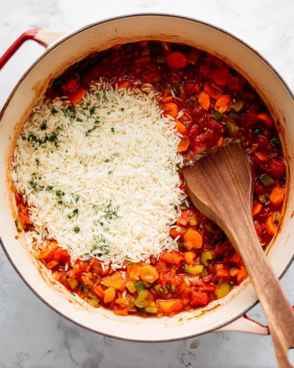A large white pot filled with a colorful mix of ingredients in layers, starting with a base of chunky tomato sauce mixed with chopped vegetables including bright orange carrot slices and small green pieces, all blended with herbs. On top of this is a thick layer of uncooked long grain rice, pale and slightly translucent, covering the center. A wooden spoon with a smooth, dark handle is resting inside the pot's right side, partly in the rice. The pot sits on a white marbled surface, showcasing the vibrant colors of the vegetables and rice, the rim of the pot and a red handle visible at the top left. Photo taken with an iphone --ar 4:5 --v 7