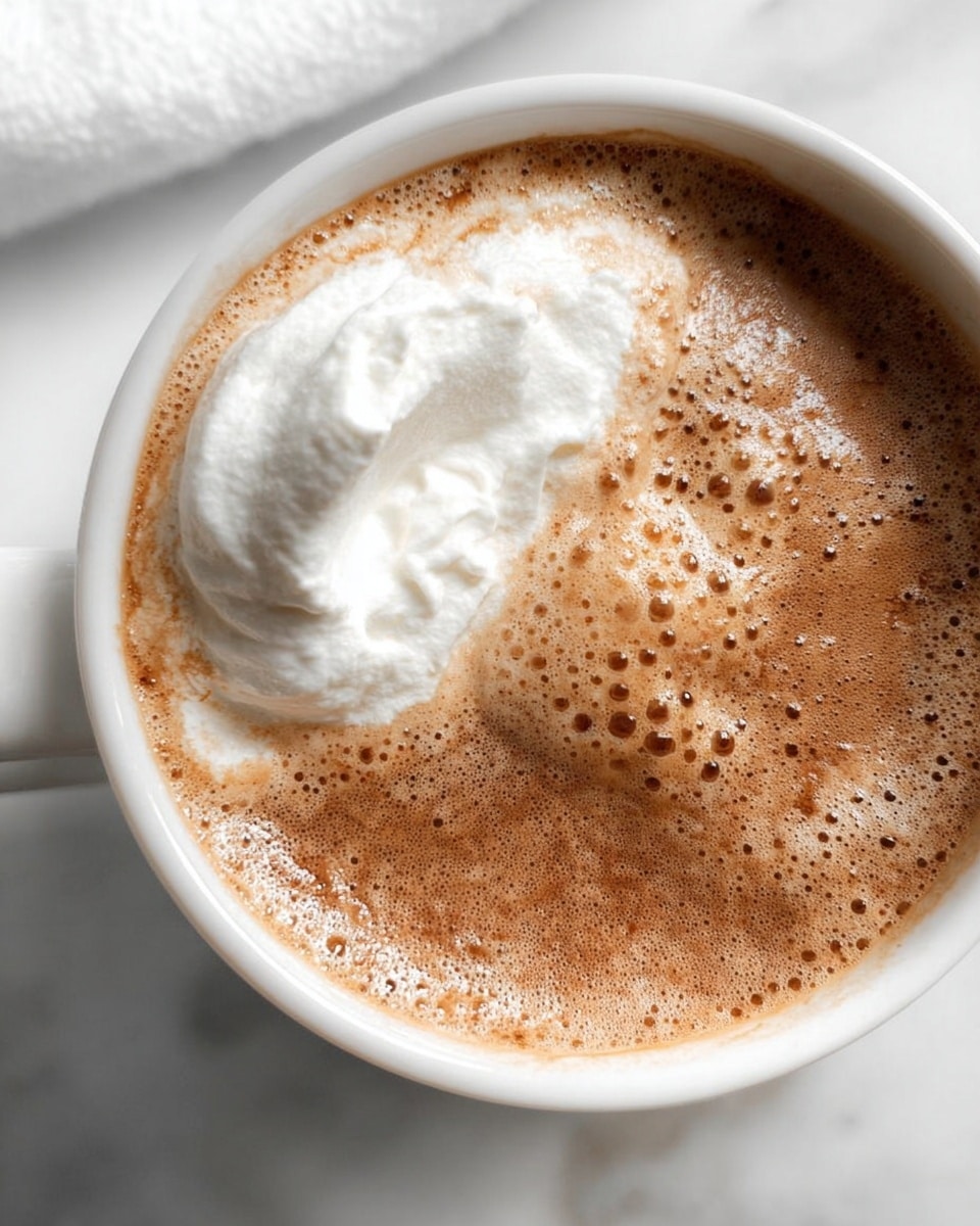 A close-up view of a white cup filled with a light brown hot chocolate drink topped with a dollop of white whipped cream on the left side. The drink surface shows a frothy texture with tiny bubbles and a mix of light and darker brown shades. The cup is set on a white marbled surface with soft lighting highlighting the creamy and smooth texture of the whipped cream. photo taken with an iphone --ar 4:5 --v 7