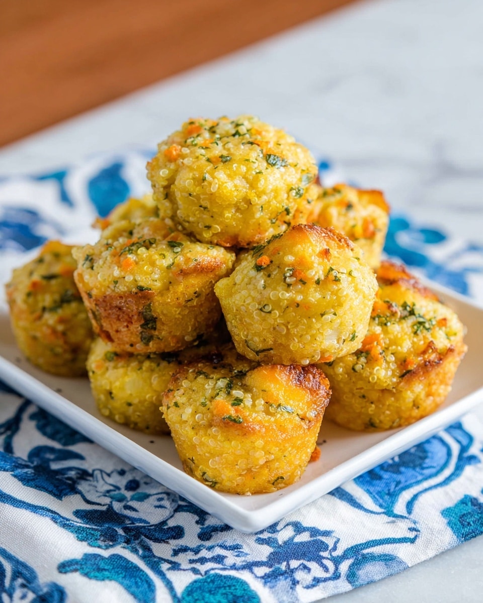A white square plate holds a pile of small, round, golden-yellow mini muffins packed with visible bits of orange carrot pieces, green herbs, and melted cheese. Each muffin has a slightly crispy and textured surface showing tiny grains, likely quinoa, with green seasoning scattered throughout. The stack is casually arranged, showing the muffins’ fluffy, soft interiors. The plate sits on a white cloth with blue floral patterns, all on a white marbled surface. Photo taken with an iphone --ar 4:5 --v 7
