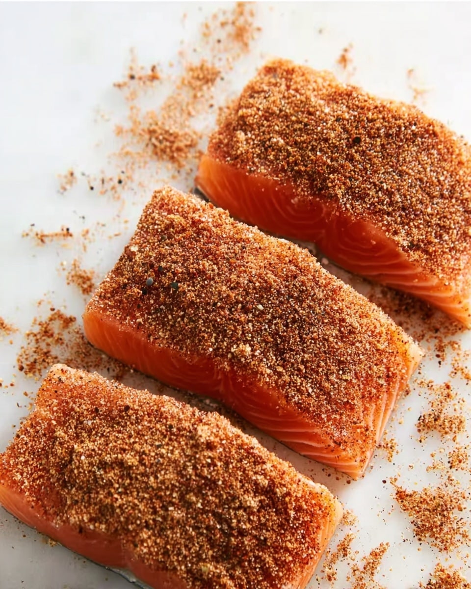 Three pieces of raw salmon fillets are laid out on a white marbled surface, each piece evenly coated with a coarse brown spice rub. The fillets have a fresh orange-pink color visible through the spice layer, and the spices are generously sprinkled, covering the top and sides with some excess scattered around the fillets on the surface. photo taken with an iphone --ar 4:5 --v 7