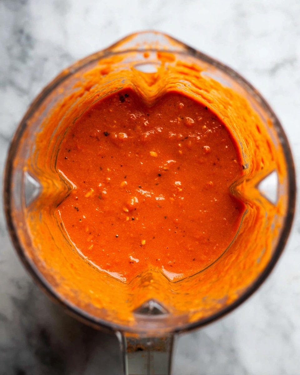 The image shows a blender jar filled with a thick, orange-red sauce that has a smooth yet slightly chunky texture. The sauce is evenly spread inside the clear blender jar with visible small bits, giving it a rich and fresh appearance. The jar is positioned against a white marbled background, enhancing the vibrant color of the sauce. The sauce fills about half of the jar, with some sauce splashes seen on the sides of the jar. photo taken with an iphone --ar 4:5 --v 7