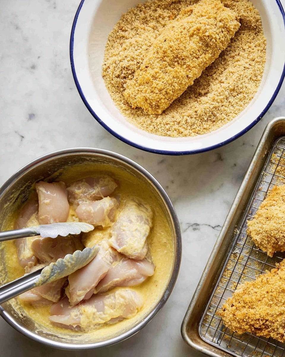 The image shows a cooking process with three main parts: a metal bowl at the bottom left filled with raw chicken pieces covered in a creamy yellow batter, a woman's hand holding tongs dipping a piece of chicken; above it, a white bowl with a blue rim full of golden brown bread crumbs, with a piece of chicken coated and resting on top of the crumbs; to the right, a metal baking tray lined with a wire rack holds a single piece of breaded chicken, with a crunchy golden texture. All items are placed on a white marbled surface. photo taken with an iphone --ar 4:5 --v 7