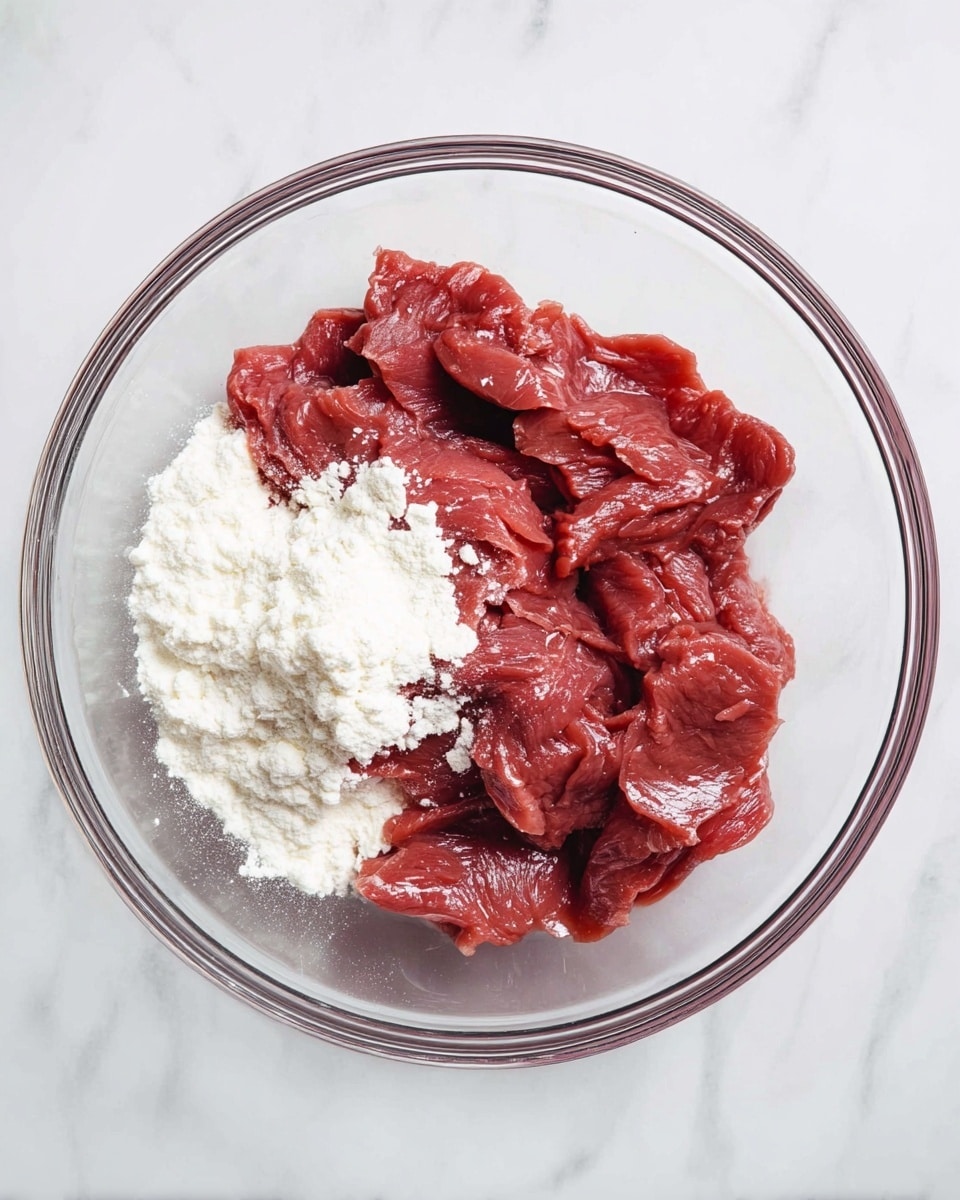 In a clear glass bowl placed on a white marbled surface, there are thin red slices of raw meat filling most of the bowl, with a small pile of white powder on the left side of the meat. The meat has a fresh, slightly shiny texture, and the powder looks soft and fine, contrasting sharply with the vibrant red color of the meat. The bowl is round and the view is from above, showing the contents clearly. photo taken with an iphone --ar 4:5 --v 7