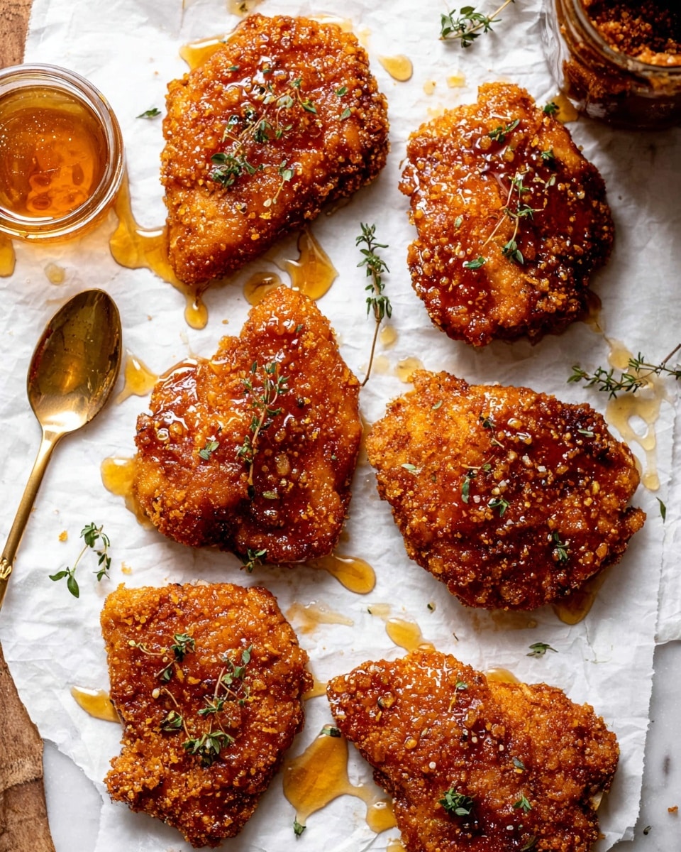 The image shows six pieces of crispy fried chicken with a golden brown crunchy coating scattered on white parchment paper atop a white marbled surface. The chicken pieces are uneven in shape and size, each glistening with a drizzle of honey that creates a shiny texture on top. Small green herb leaves, likely thyme, are sprinkled over the chicken for a fresh touch. To the left, there is a golden spoon placed next to an open jar of honey, with droplets of honey spilled around, adding a sticky and glossy look to the scene. The warm colors and varied textures highlight the crispiness and sweetness of the dish photo taken with an iphone --ar 4:5 --v 7