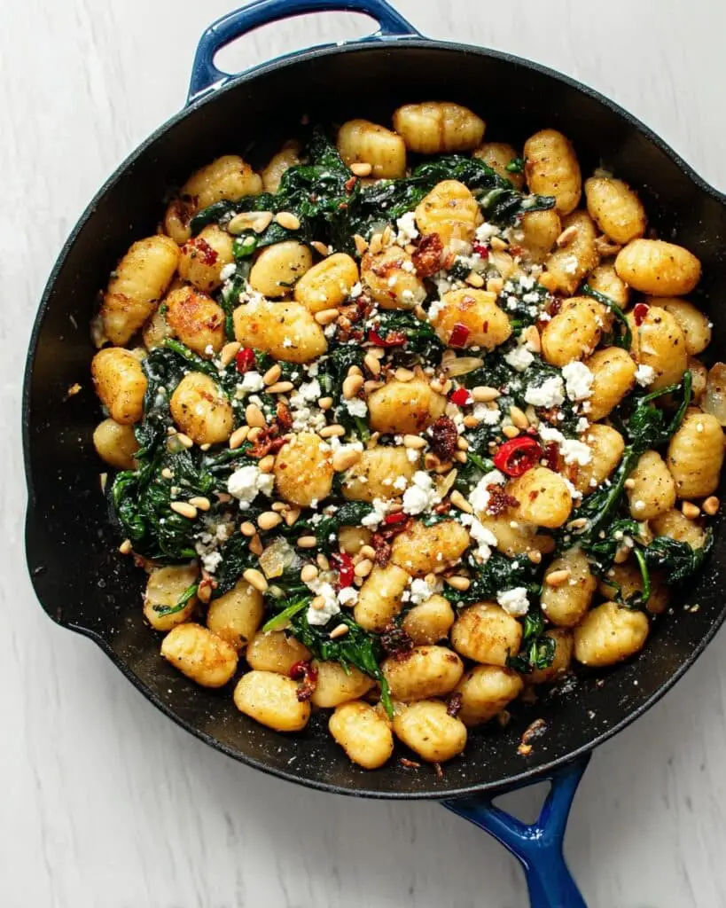 Crispy Pan-Fried Gnocchi with Spinach, Feta, and Toasted Pine Nuts Recipe