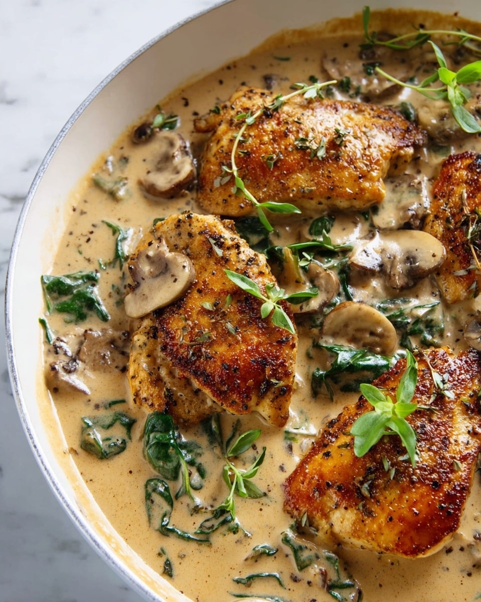 The image shows a close-up of four golden-brown cooked chicken pieces lying in a creamy beige mushroom sauce with visible slices of light brown mushrooms and bright green spinach leaves mixed in. The chicken is well-seasoned with black pepper and herbs and partially covered by the sauce, which has a smooth and slightly thick texture. There are two small fresh green herb sprigs placed on top of and near the chicken for garnish. All of this is in a white pan that sits on a white marbled surface. photo taken with an iphone --ar 4:5 --v 7