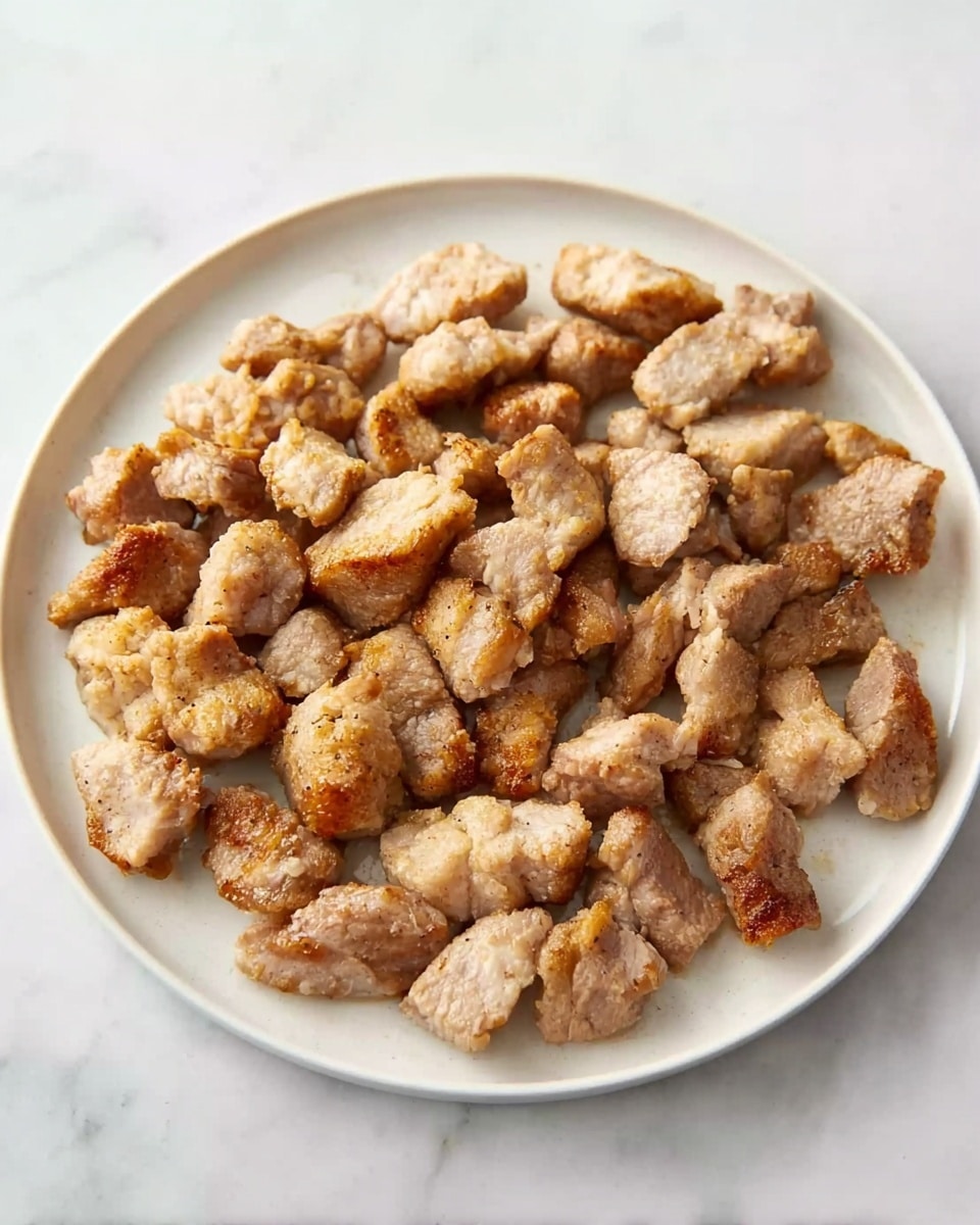 A white plate holds many small pieces of cooked meat in a loose arrangement, each piece light brown in color with a slightly rough texture showing some crispy edges. The meat pieces vary in size but are mostly bite-sized chunks, spread evenly with some pieces overlapping slightly. The background is a white marbled surface, giving a clean and bright look. Photo taken with an iphone --ar 4:5 --v 7