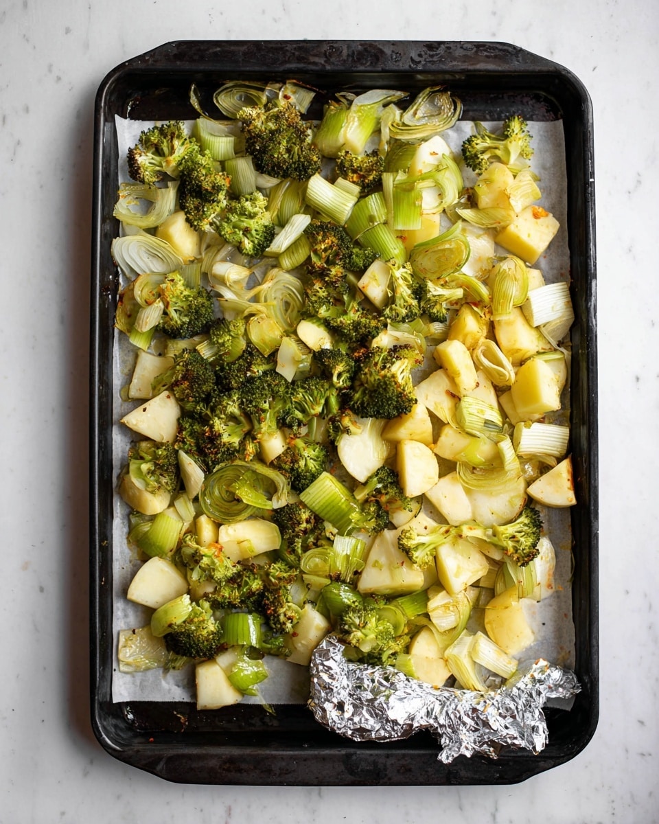 A black baking tray lined with white parchment paper holds a mix of roasted vegetables scattered across the surface. The dish has three main layers: the bottom layer is made of off-white, thick potato pieces cut into chunks; the middle layer consists of bright green broccoli florets with slightly browned edges; the top layer includes light green and white leek rings and slices scattered evenly, some toasted at the edges. In the bottom right corner, a small section of the parchment paper is wrapped around a broccoli floret in crinkled aluminum foil. The tray sits on a white marbled surface. Photo taken with an iphone --ar 4:5 --v 7