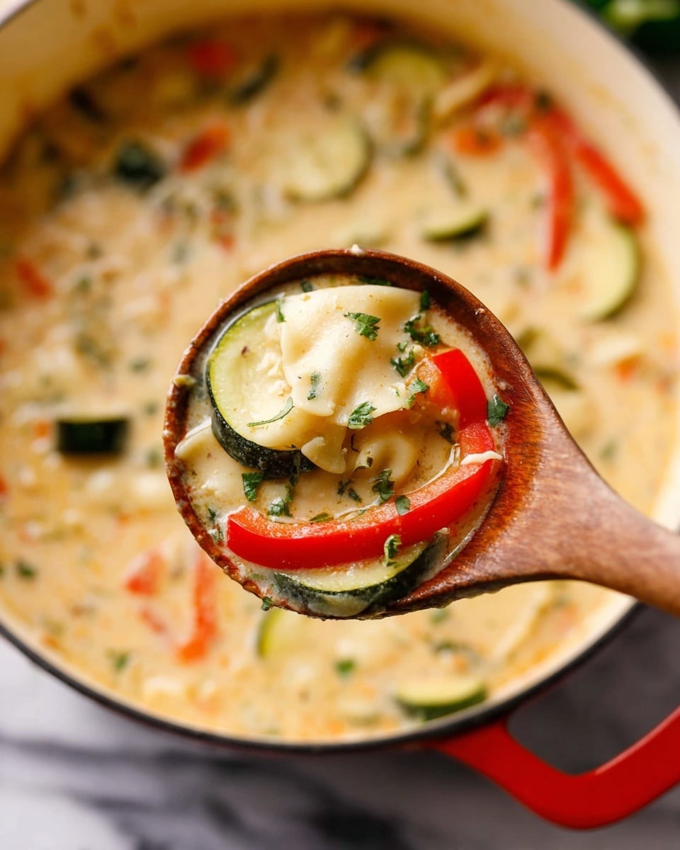 A wooden spoon holds a close-up view of a creamy soup with layers of light beige broth, showing chunks of light-colored pasta, bright red pepper slices, dark green zucchini pieces, and sprinkled chopped green herbs. The background shows a white pot with a red handle filled with the same soup and scattered vegetable pieces, all set on a white marbled surface. The image has a warm and cozy feel, with soft lighting highlighting the textures and colors, photo taken with an iphone --ar 4:5 --v 7