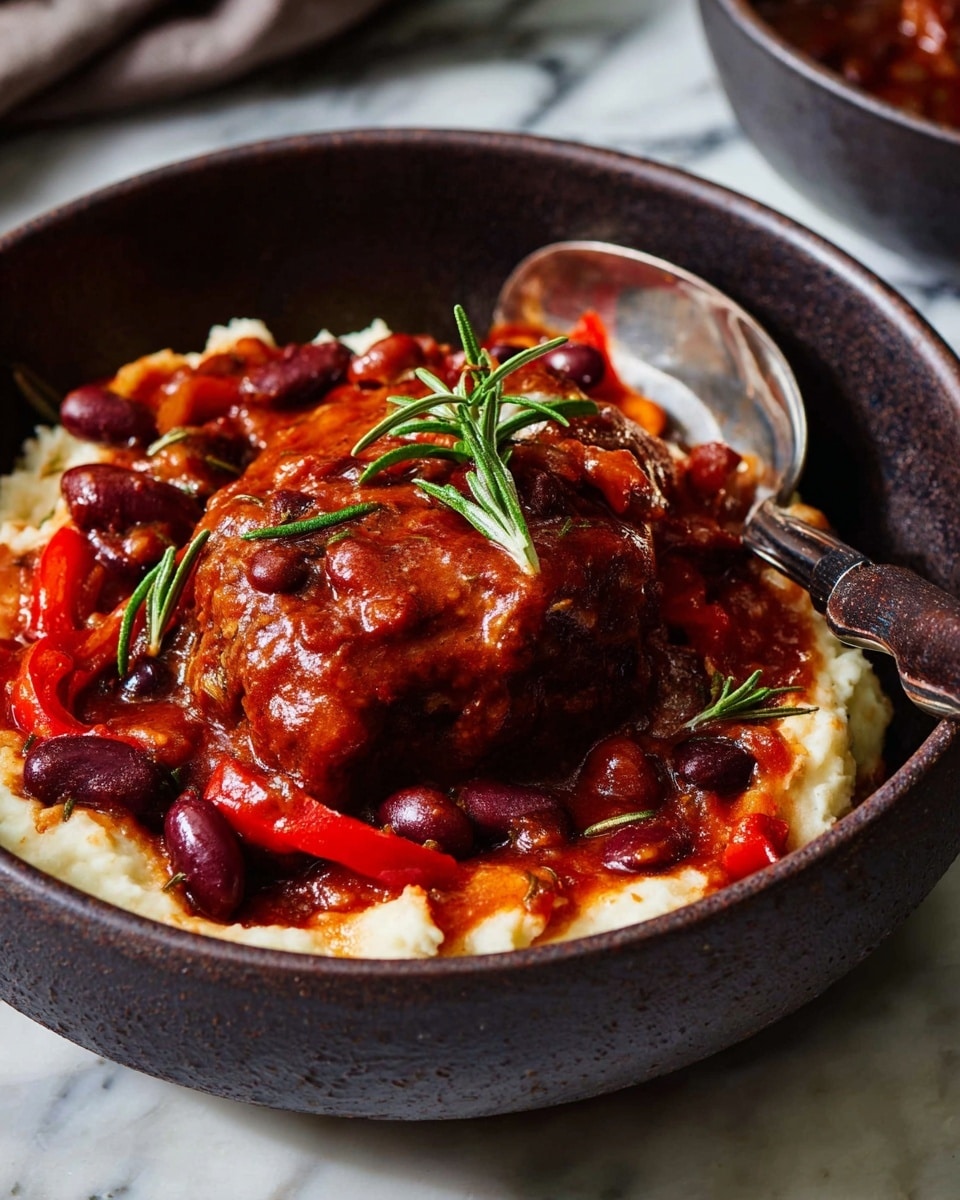 A dark bowl on a white marbled surface holds a dish with four main visible layers: at the bottom, there is a creamy mashed texture in off-white with some lumpy parts; on top of this are vibrant red pepper strips and dark kidney beans scattered around; a large piece of meat covered in thick reddish-brown sauce sits centered on the dish, giving a rich and glossy look; small green rosemary sprigs garnish the meat and sides, adding a fresh contrast. A spoon with a dark handle rests just inside the bowl. Photo taken with an iphone --ar 4:5 --v 7