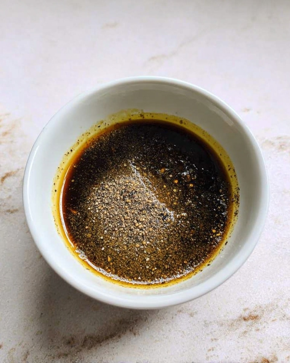 A white bowl filled with a dark brown liquid sauce. The sauce has a thin layer of oil on top that has a yellow-gold color. Black pepper is sprinkled on the surface, making a rough texture. The bowl sits on a white marbled surface. photo taken with an iphone --ar 4:5 --v 7