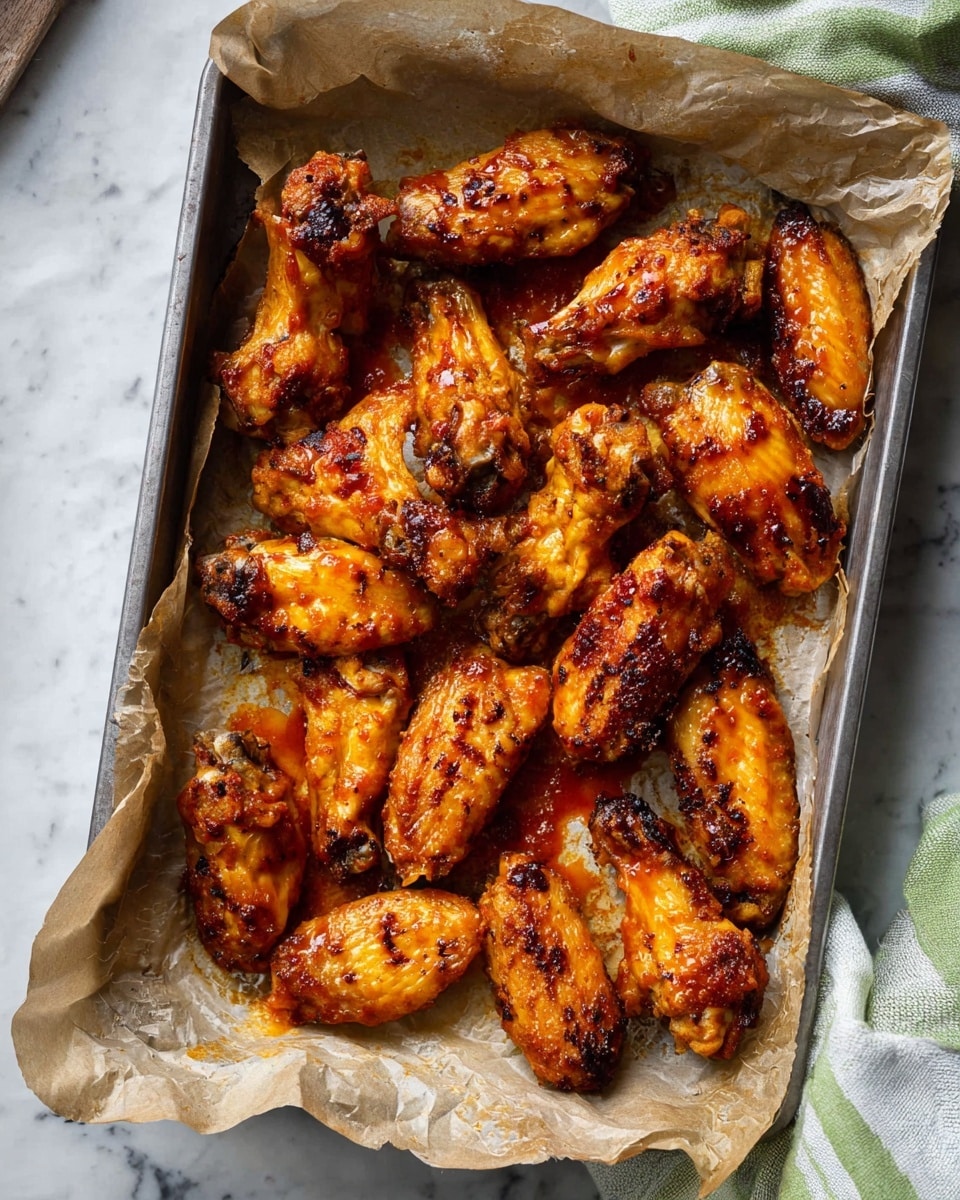 A silver baking tray lined with crumpled light brown parchment paper holds 18 golden-brown chicken wings. The wings are cooked evenly, showing a mix of crispy and slightly charred spots with a glossy orange-red sauce coating that pools slightly on the parchment paper. The wings are arranged closely but not stacked, covering the entire surface of the tray. The tray sits on a white marbled texture surface with a soft green and white striped cloth partially visible in the top right corner. photo taken with an iphone --ar 4:5 --v 7