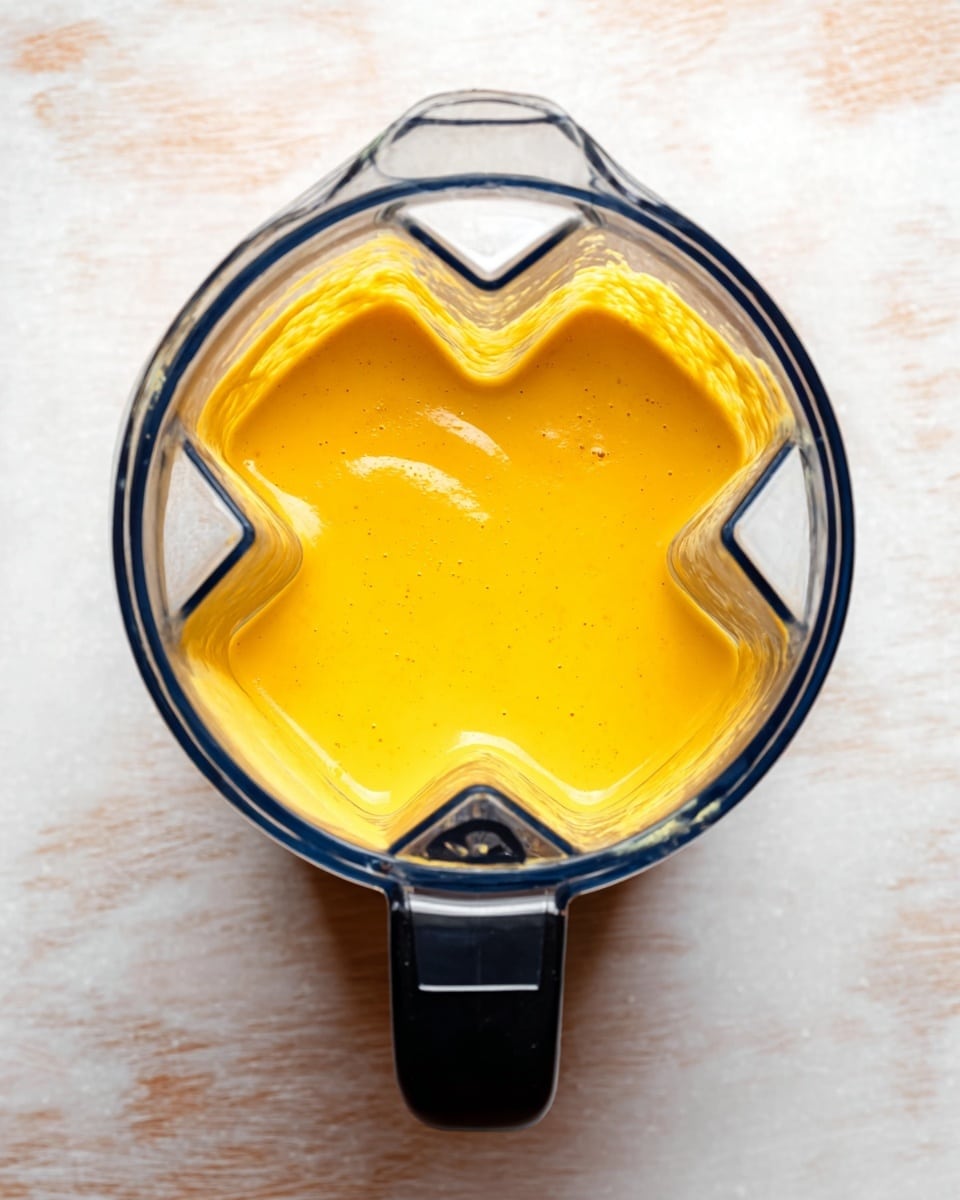 This image shows a clear blender container filled with a smooth, bright yellow-orange mixture. The mixture looks thick and creamy, spreading evenly inside the blender's sharp-edged interior. The blender has a black handle and is placed on a white marbled surface. Photo taken with an iphone --ar 4:5 --v 7