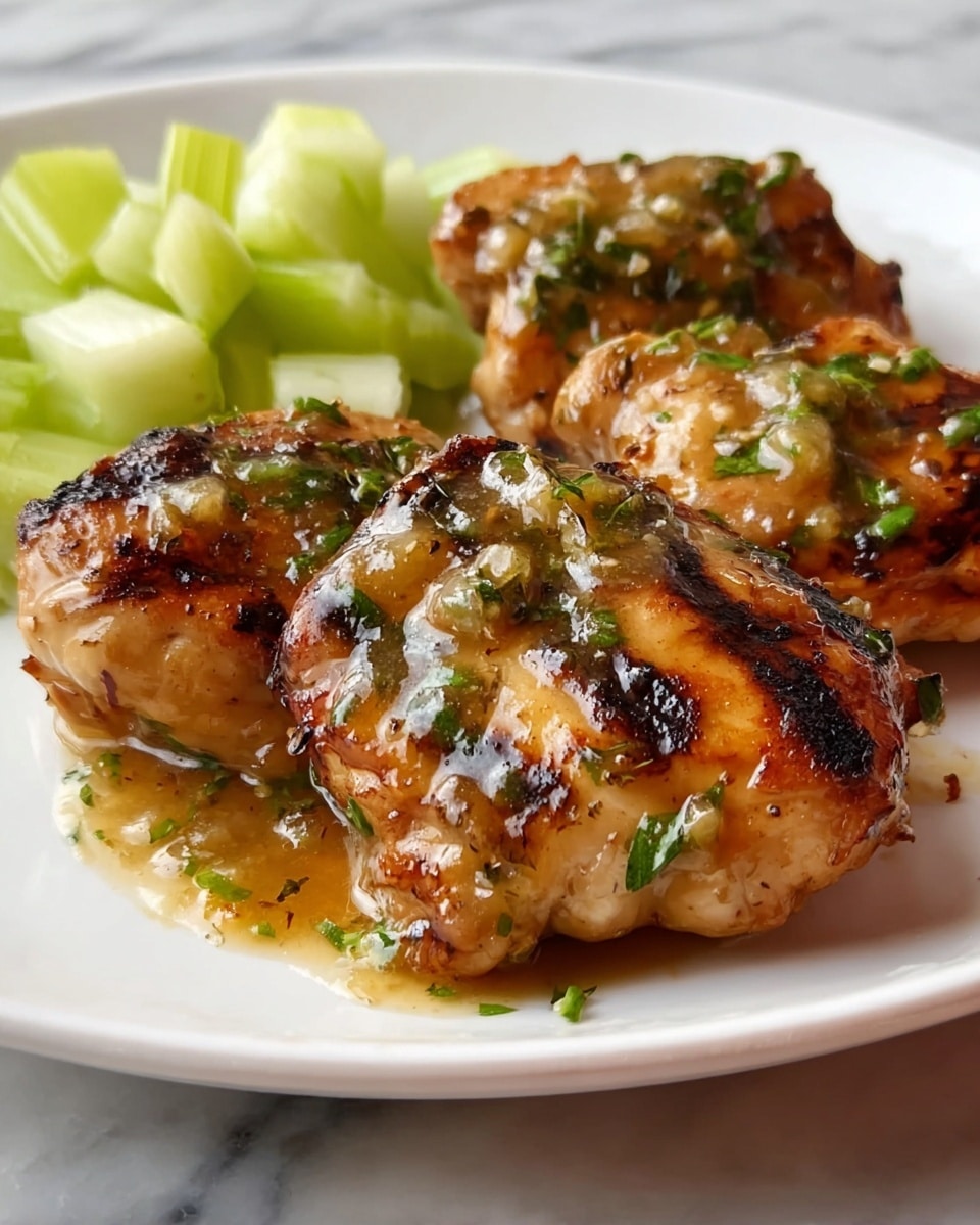 The image shows three grilled chicken thighs with light brown color and grill marks on top, covered in a glossy, thick sauce with small green herbs mixed in. The chicken pieces are placed near the center right of a white plate. On the left side of the plate are chopped celery pieces that are light green and look soft. The plate sits on a white marbled surface. The overall scene has warm natural light highlighting the texture and shine of the sauce. photo taken with an iphone --ar 4:5 --v 7