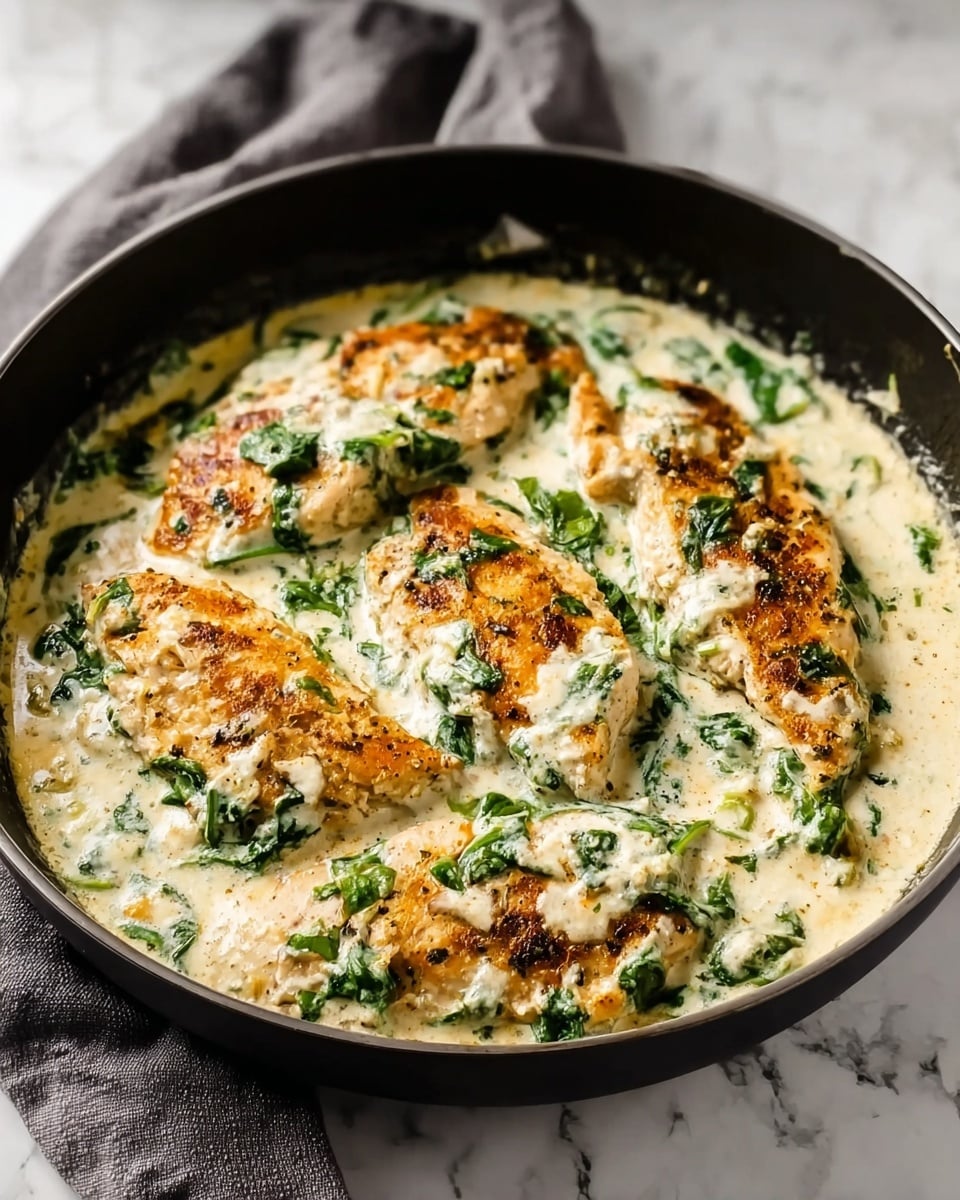 A black pan holds a creamy dish with several pieces of browned chicken layered at the bottom, partially covered by a thick white sauce with green spinach leaves mixed throughout. The chicken has a golden texture with some dark edges showing through the sauce. The sauce looks smooth and rich, surrounding the chicken and spinach, which adds a fresh green color contrast. The pan is placed on a white marbled surface with a gray cloth behind it. photo taken with an iphone --ar 4:5 --v 7