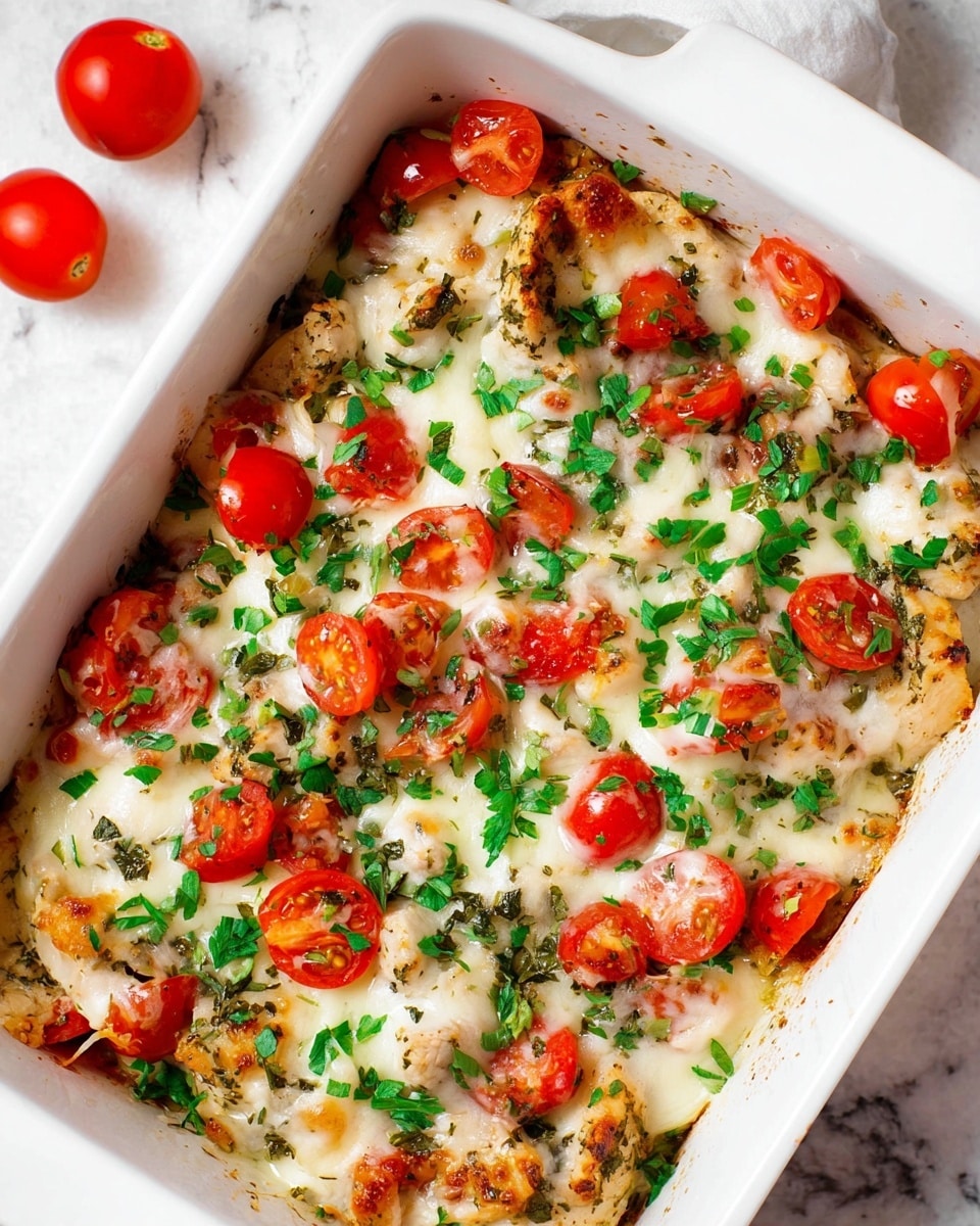 The image shows a white rectangular baking dish filled with a layered casserole. The bottom layer consists of cooked pieces of light beige chicken. On top of that, there is a layer of halved red cherry tomatoes and sliced green herbs scattered around. The top layer is melted white cheese spread unevenly, covering the vegetables and chicken. More finely chopped green herbs are sprinkled over the casserole, adding a fresh, vibrant touch. The dish sits on a white marbled surface with two halved cherry tomatoes nearby. Photo taken with an iphone --ar 4:5 --v 7