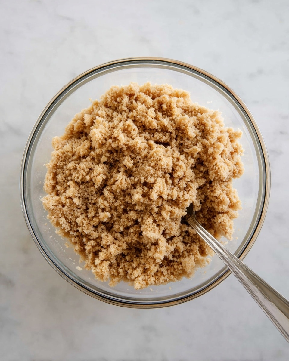 A clear glass bowl filled with light brown crumbly mixture with a grainy texture, with some small and some medium-sized lumps. A metal fork is partly inside the mixture on the right side of the bowl. The bowl is placed on a white marbled surface. photo taken with an iphone --ar 4:5 --v 7