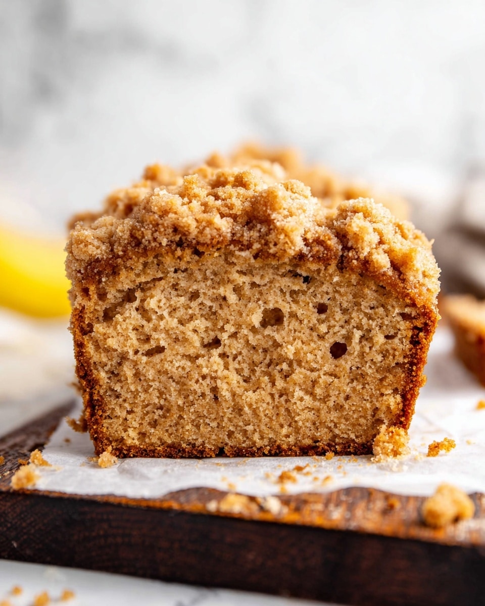 The image shows a close-up of a single large slice of brown crumb cake with a rough crumb topping. The slice has a dense, soft texture with small holes and a slightly coarse surface inside. The crumb topping is uneven, golden brown, and piled on top, giving a crunchy look. The cake slice is placed on white parchment paper, which lies on a dark wooden board. Some crumbs are scattered around the cake on the white marbled surface. In the blurred background, there is a hint of a yellow object, possibly a banana. Photo taken with an iphone --ar 4:5 --v 7
