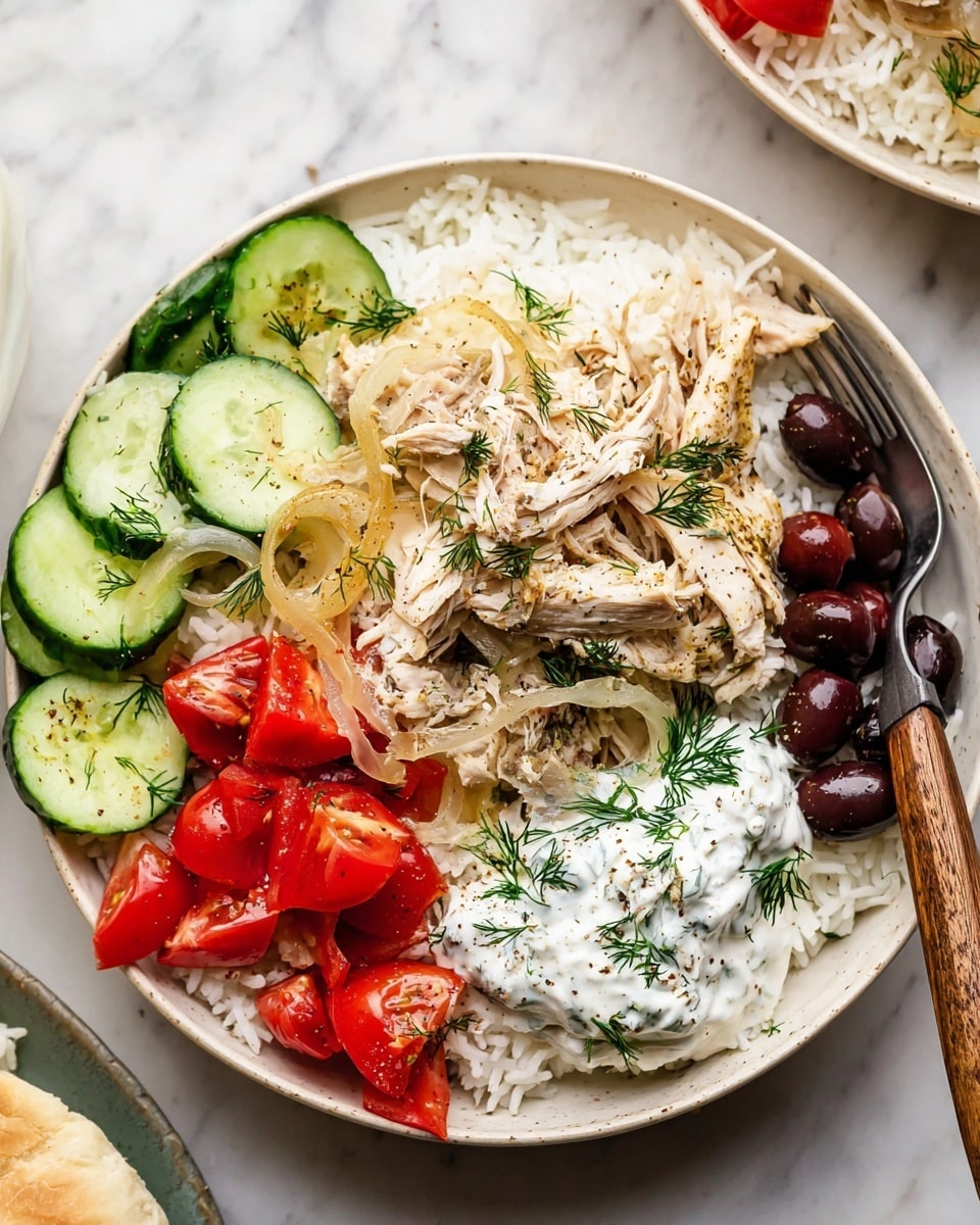 The dish is served in a white bowl with a base layer of white rice. On top of the rice, there is shredded cooked chicken placed in the center, surrounded by translucent cooked onions with a slight golden tint, sliced fresh cucumber on the right side and bottom left, chopped red tomatoes on the bottom left, and whole black olives scattered mostly on the bottom side. A dollop of white yogurt sauce with green herbs is on the right side, garnished with sprigs of fresh dill sprinkled over the dish along with a light dusting of black pepper. A wooden handled fork rests on the right side of the bowl. The background is a white marbled texture. photo taken with an iphone --ar 4:5 --v 7
