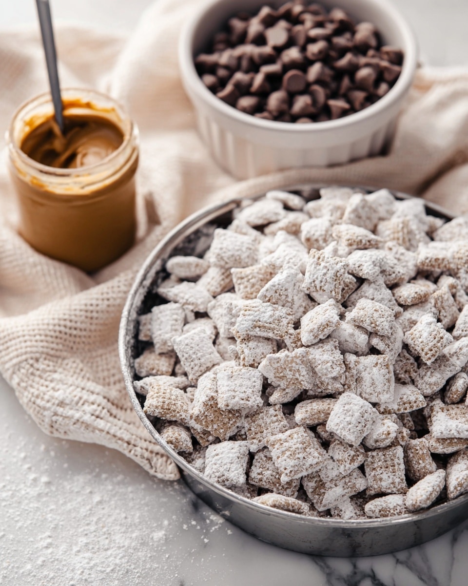 A metal pan filled with many small square cereal pieces covered in white powdered sugar, creating a rough texture and pale color. Behind the pan, a white bowl holds dark brown chocolate chips, each smooth and rounded. To the left of the pan, an open jar of light brown peanut butter with a spoon inside is partially visible. All items rest on a soft light beige knitted cloth placed on a white marbled surface. Photo taken with an iphone --ar 4:5 --v 7