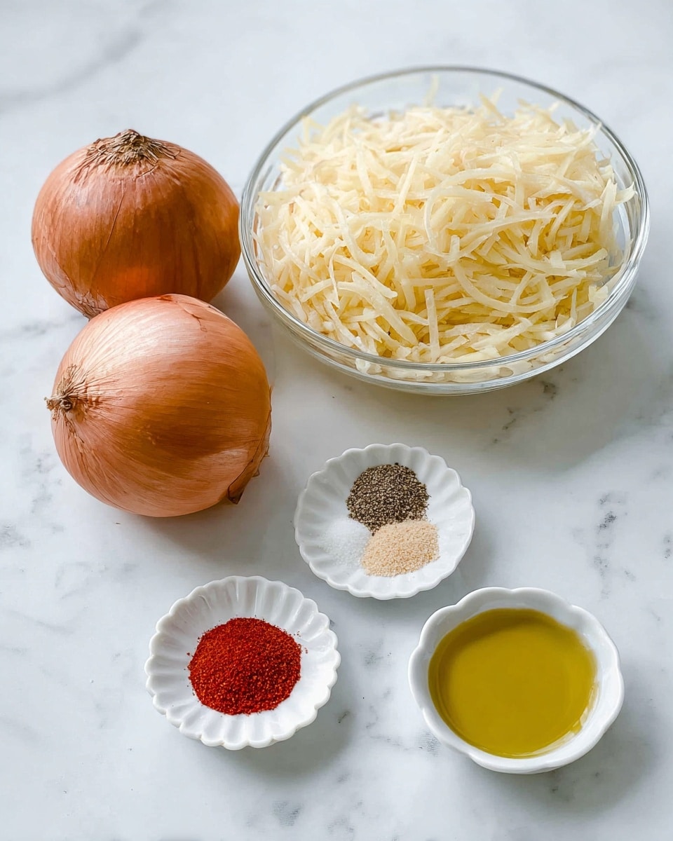 Two whole brown onions with dry skin sit on a white marbled surface near a clear glass bowl filled with thin pale yellow shredded potatoes. Next to the bowl, there is a small white dish holding four spices separated in small piles: white salt, black pepper, red paprika, and a light beige powder. Below that, a small white scalloped dish holds clear golden oil. The scene is bright and clean. photo taken with an iphone --ar 4:5 --v 7