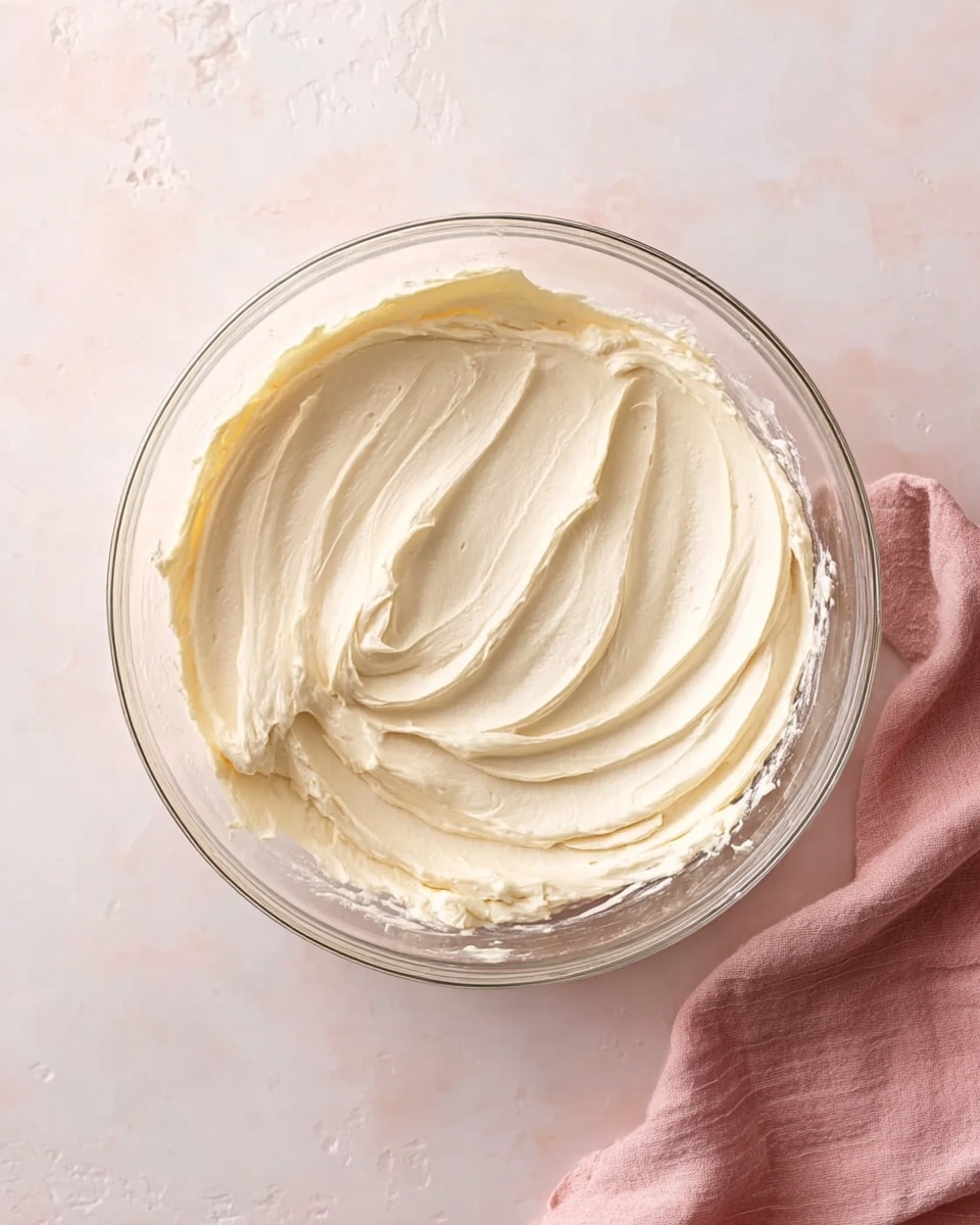 A clear glass bowl filled with one layer of smooth, creamy, off-white batter or frosting spread evenly inside, showing gentle swirls made with a spatula; the bowl is placed on a white marbled surface with a soft pink cloth partially visible in the bottom right corner photo taken with an iphone --ar 4:5 --v 7