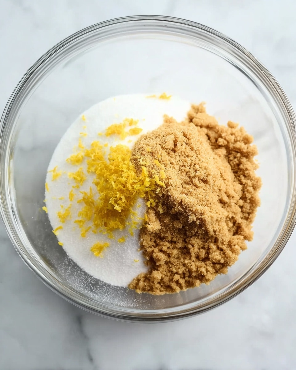 A clear glass bowl sits on a white marbled surface, filled with three distinct layers of ingredients that are not mixed. The bottom layer is white sugar, soft and fine, covering about half the bowl's base. On top of the white sugar, there is a mound of light brown sugar with a crumbly texture, sitting on the right side, covering roughly a third of the white sugar layer. Cut lemon zest, bright yellow and fresh-looking, is sprinkled over a part of the white sugar on the top left, creating a bright contrast. The photo taken with an iphone --ar 4:5 --v 7