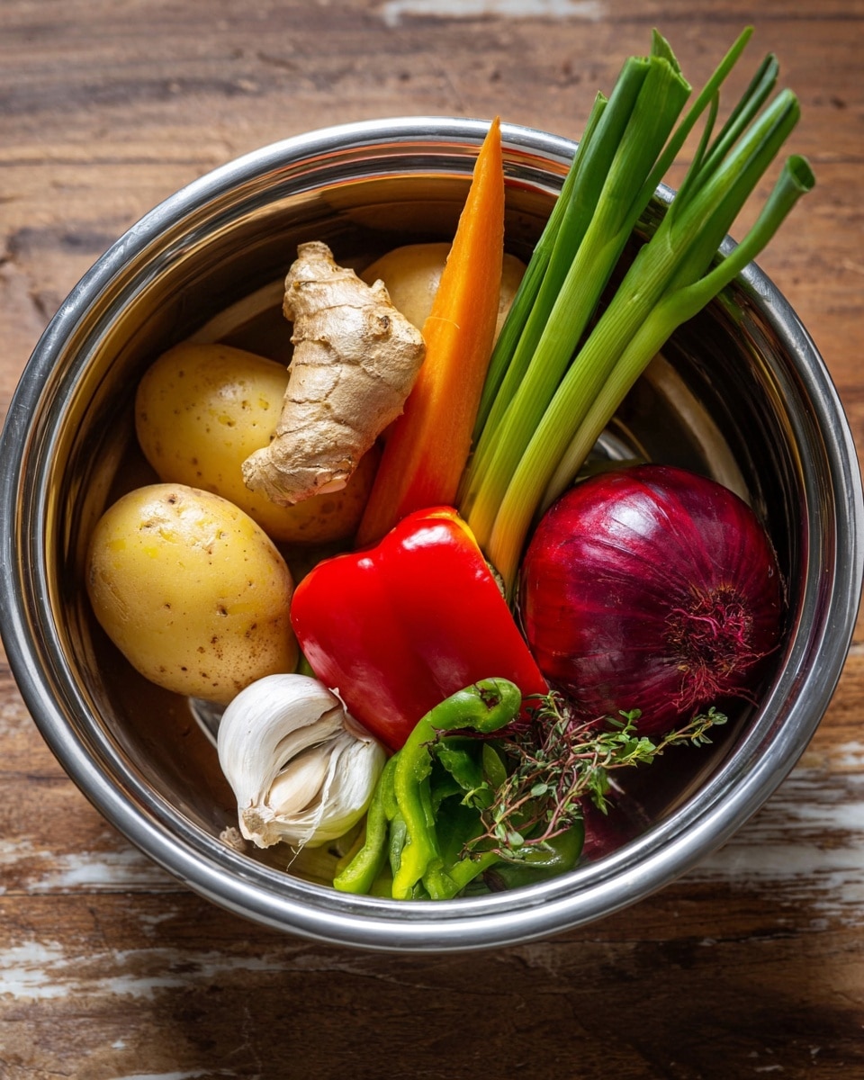 A shiny metal bowl sits on a wooden table, filled with fresh vegetables arranged in layers: at the bottom, two light brown potatoes with small sprouts and a white clove of garlic; above them, a thick light yellow piece of ginger root with rough texture; near the middle, a thin bright orange carrot partly hidden by tall, green onion stalks standing upright; on the right side, a smooth, shiny red bell pepper next to a half of a purple onion showing inside rings, with a small light green pepper and some green leafy herbs scattered close by, all in a round metal bowl on a white marbled surface photo taken with an iphone --ar 4:5 --v 7