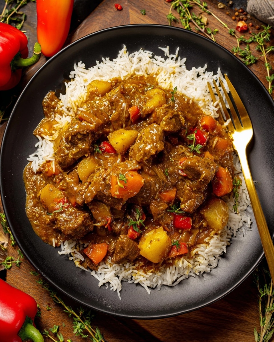 A round white pot filled with a rich brown stew with large pieces of chicken and chunks of light yellow potatoes and red bell peppers visible throughout. The stew has a thick, smooth sauce with bits of herbs and spices covering the chicken and vegetables. A wooden spoon rests inside the pot on the right side. The pot sits on a white marbled surface with green and red peppers and sprigs of green herbs scattered around it. A reddish orange cloth is partially visible under the pot on the bottom right. Photo taken with an iphone --ar 4:5 --v 7