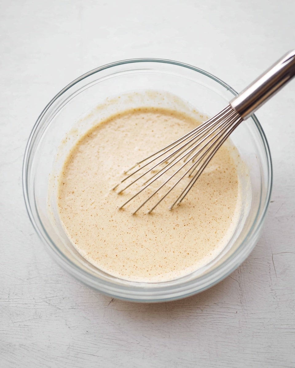 A clear glass bowl sits on a white marbled surface, filled with a light beige batter that has tiny darker specks throughout. The batter has a smooth, slightly thick texture with some slight bubbles. Inside the bowl rests a shiny metal whisk with thin wires, partially covered in the batter, suggesting recent mixing. The overall scene feels clean and simple, focusing on the batter's creamy, speckled appearance. photo taken with an iphone --ar 4:5 --v 7