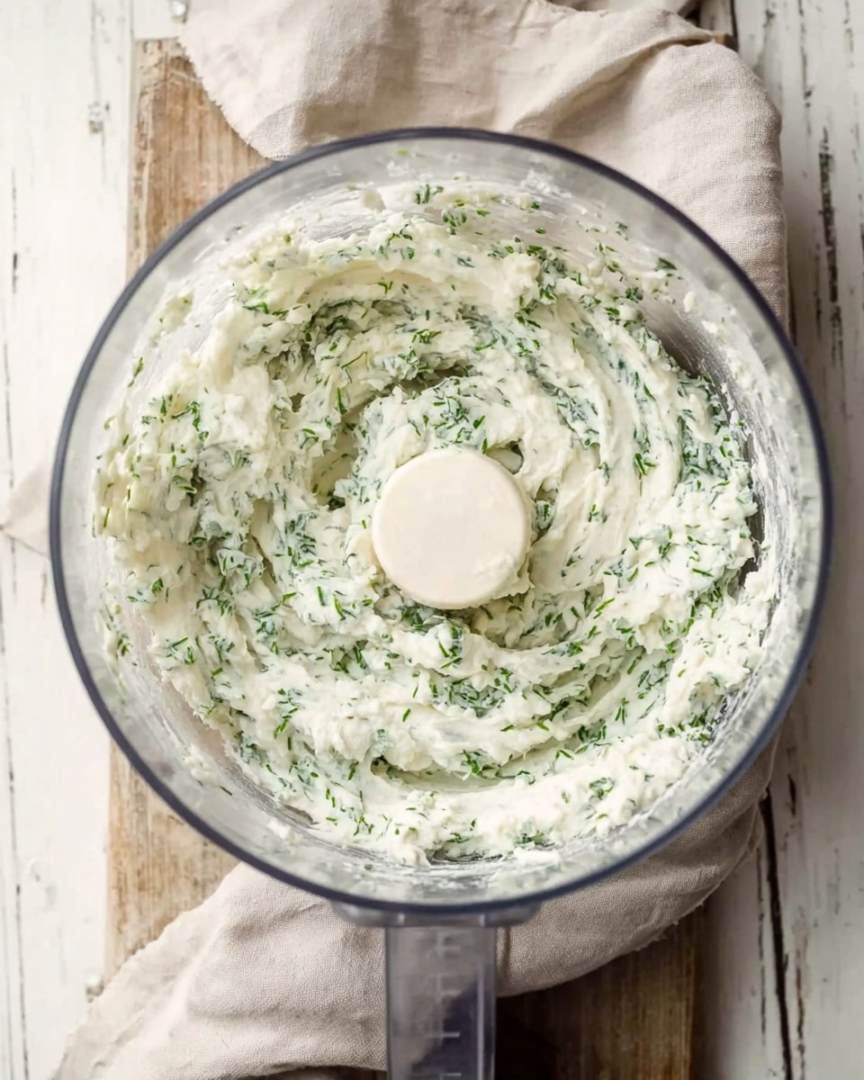 A clear food processor bowl filled with a creamy white mixture that has small pieces of green herbs spread evenly throughout. The bowl sits on a light-colored wooden surface next to a soft beige cloth, all placed on a white marbled background. The mixture looks thick and fluffy with visible specks of green, giving a fresh and textured appearance. photo taken with an iphone --ar 4:5 --v 7