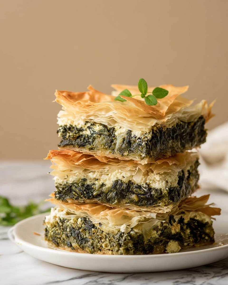The image shows a rectangular white dish with a golden brown layered pastry cut into nine square pieces. The top layer is thin and flaky, with a slightly crumpled texture and light golden color. Below it, thin layers of spinach or green filling are visible, adding a dark green contrast. The pastry is lightly sprinkled with fresh green herb leaves as decoration. The dish is placed on a white marbled surface with some sprigs of fresh herbs around it and a beige textured cloth partially visible in the background. Photo taken with an iphone --ar 4:5 --v 7