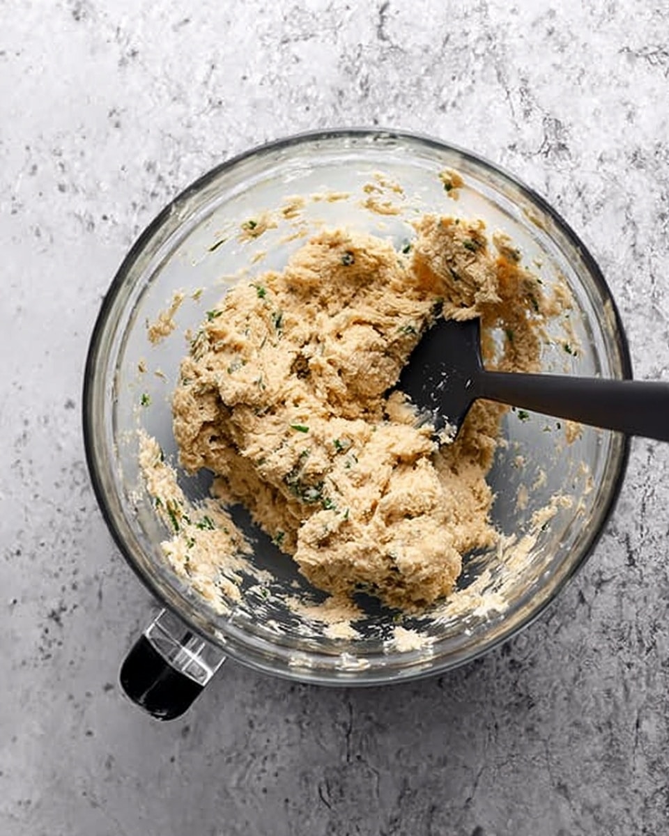 A clear glass mixing bowl filled with a thick beige dough mixed with green herbs and small chunks, sitting on a white marbled surface. A black spatula is partially submerged in the dough, resting inside the bowl, which has two black handles. The dough has a rough, uneven texture and looks freshly mixed. photo taken with an iphone --ar 4:5 --v 7