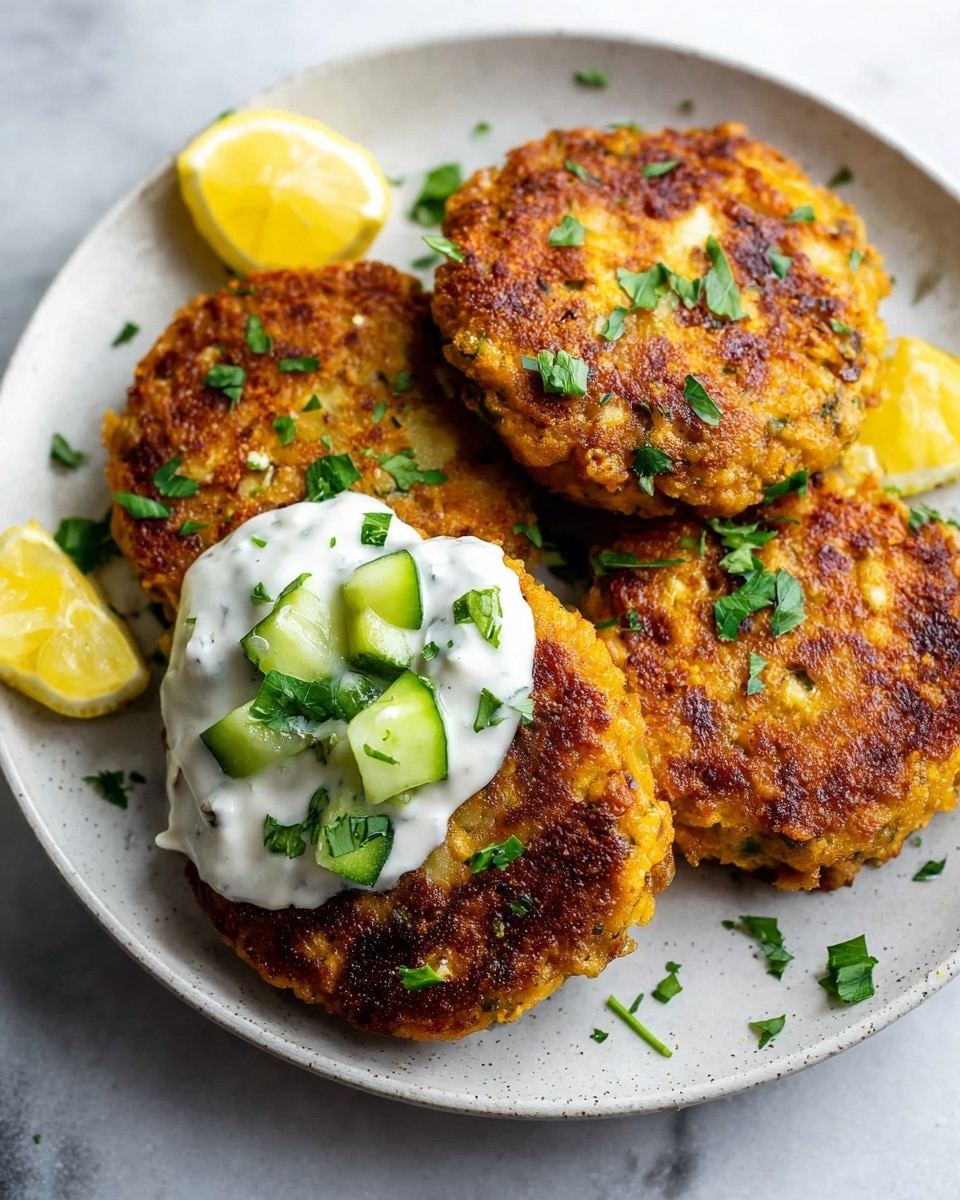 The image shows four golden brown, crispy patties placed on a white plate over a white marbled surface. The patties have a rough texture with small visible bits inside. One patty is topped with a creamy white sauce, green cucumber pieces, and chopped fresh herbs. Around the patties, there are small lemon wedges and sprinkled green herbs, adding fresh color to the warm tones of the patties. The lighting highlights the golden crust and the freshness of the garnishes. photo taken with an iphone --ar 4:5 --v 7