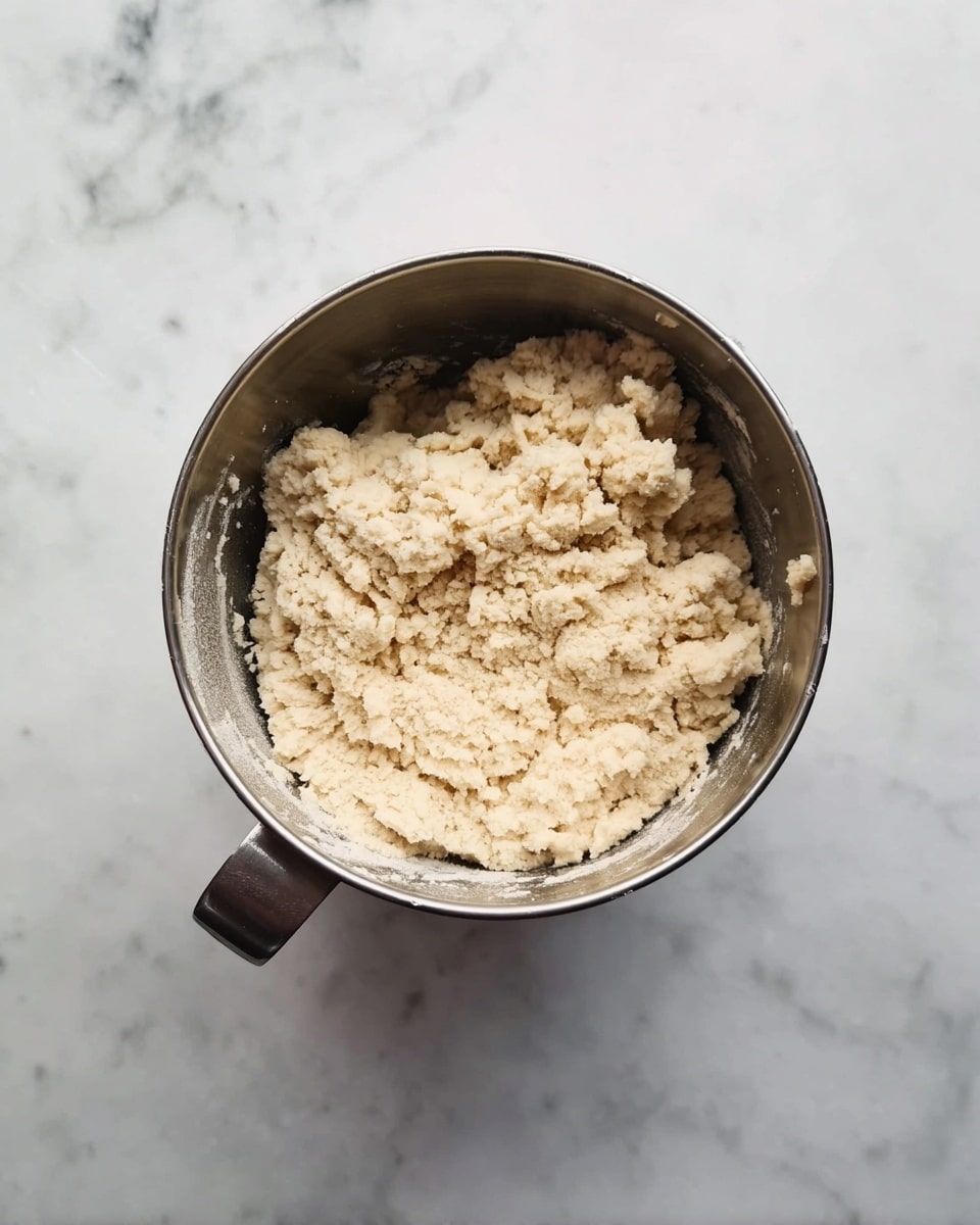 Top view of a metal mixing bowl filled with pale beige dough that looks soft and crumbly inside, sitting on a white marbled surface. The dough fills the bowl about halfway, showing rough, uneven texture with small lumps. The bowl has a handle on the side facing left. photo taken with an iphone --ar 4:5 --v 7