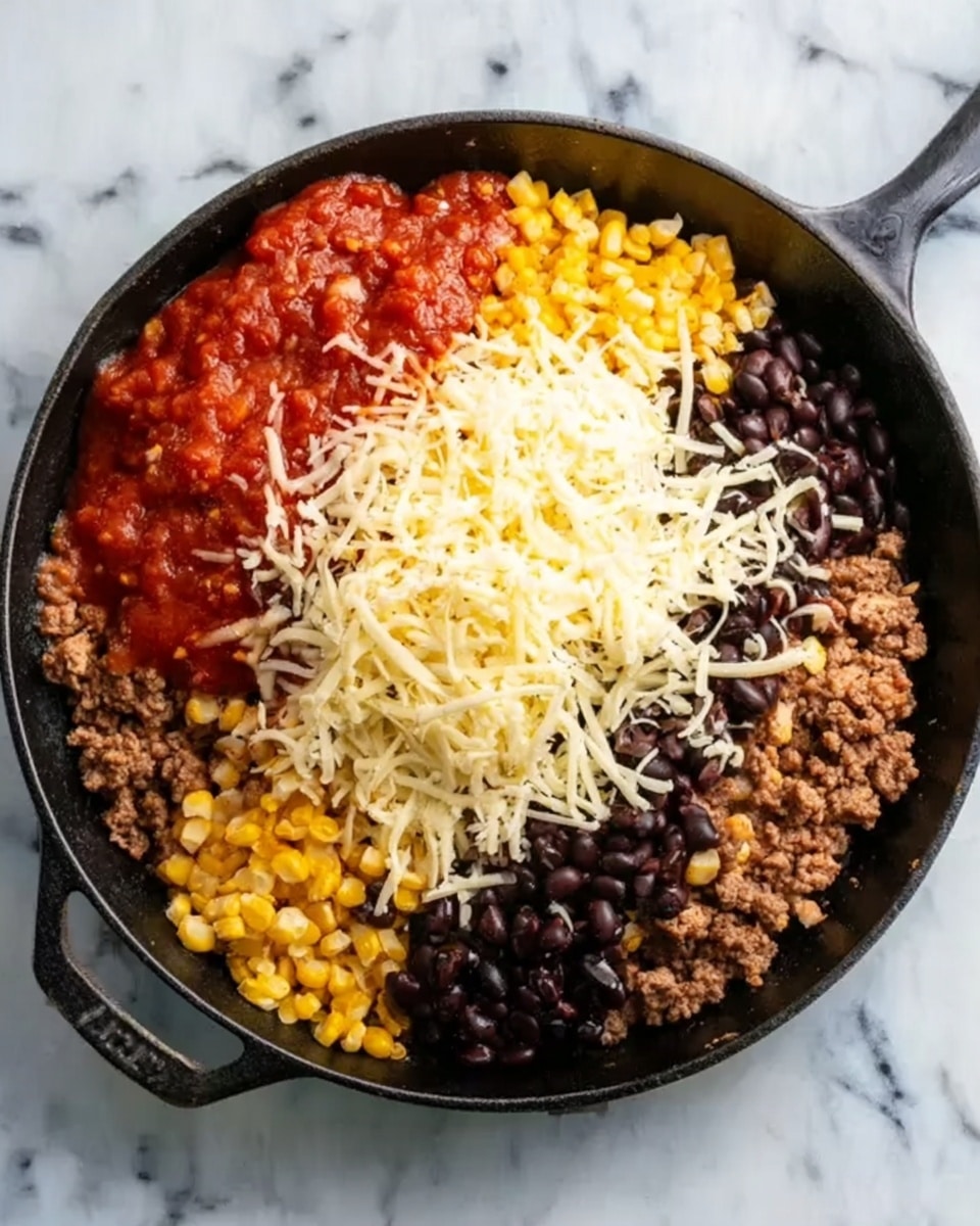 A black skillet filled with layers of food placed on a white marbled surface. The bottom layer is browned ground meat with a crumbly texture. To the left, there is a bright yellow layer of corn kernels, and to the right, a pile of shiny black beans. On top of the corn and meat, there is chunky red tomato sauce with a thick texture. Covered partially over the sauce is a large pile of shredded white and yellow cheese, with the strands scattered loosely and unevenly. Photo taken with an iphone --ar 4:5 --v 7
