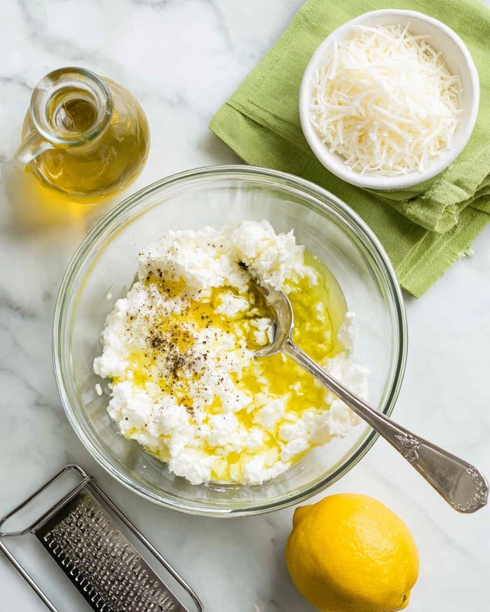 A clear glass bowl sits on a white marbled surface, filled with three main layers: a base of soft white cheese curds, topped with a drizzle of golden-yellow olive oil, and a sprinkle of black pepper. A silver spoon rests inside the bowl, partly submerged in the mixture. To the top right of the bowl, there is a small white bowl holding finely shredded white cheese, resting on a green cloth. On the top left, a glass bottle filled with golden olive oil is visible, and below it is a whole bright yellow lemon placed next to a silver grater on the marbled surface. Photo taken with an iphone --ar 4:5 --v 7
