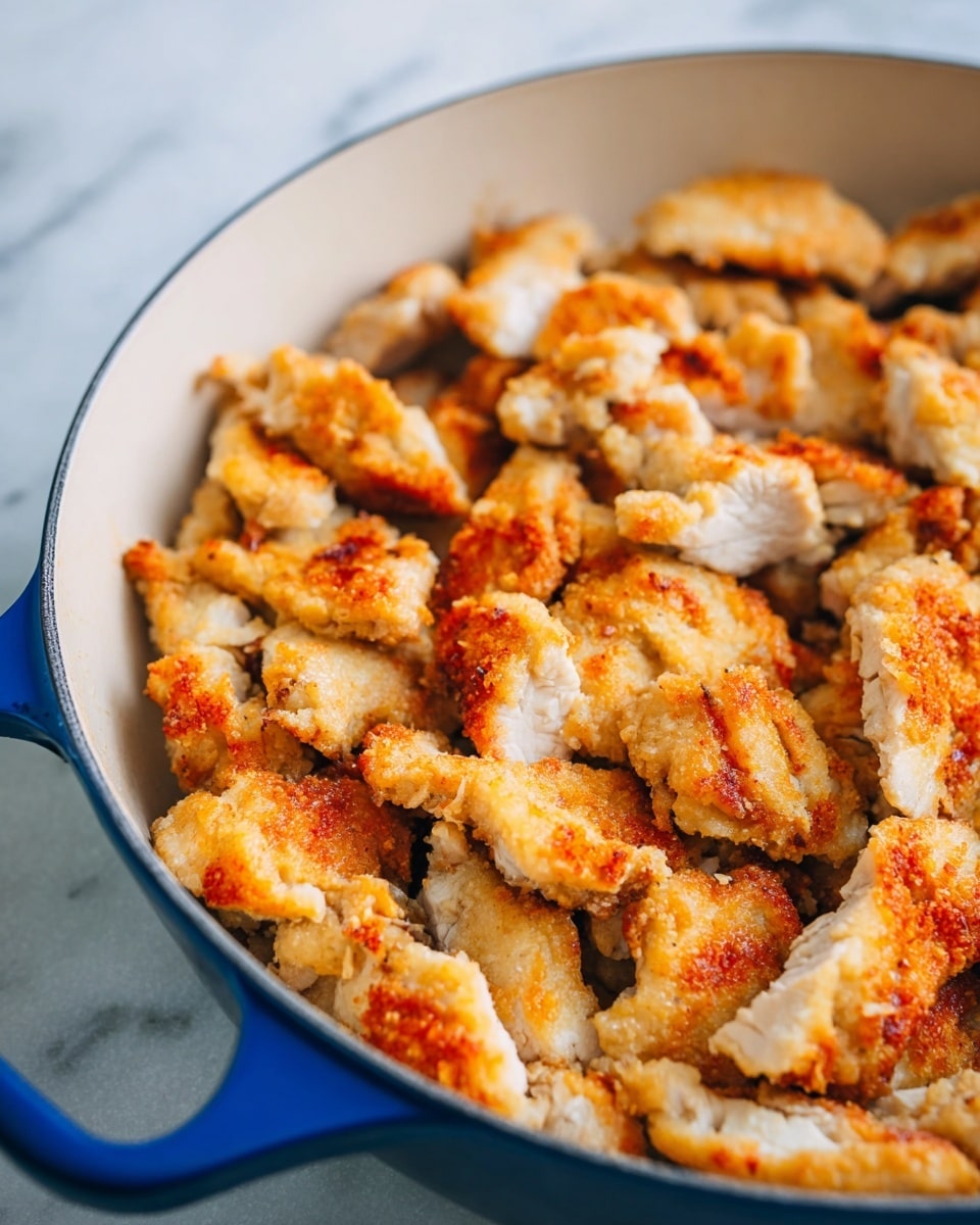 A close-up view of many small pieces of cooked chicken with a golden brown crust and white inside, filling a white pan with a blue handle. The chicken pieces have a slightly crispy texture and are piled on top of each other, showing uneven shapes and edges. The pan is placed on a white marbled surface, giving a clean and bright look. photo taken with an iphone --ar 4:5 --v 7