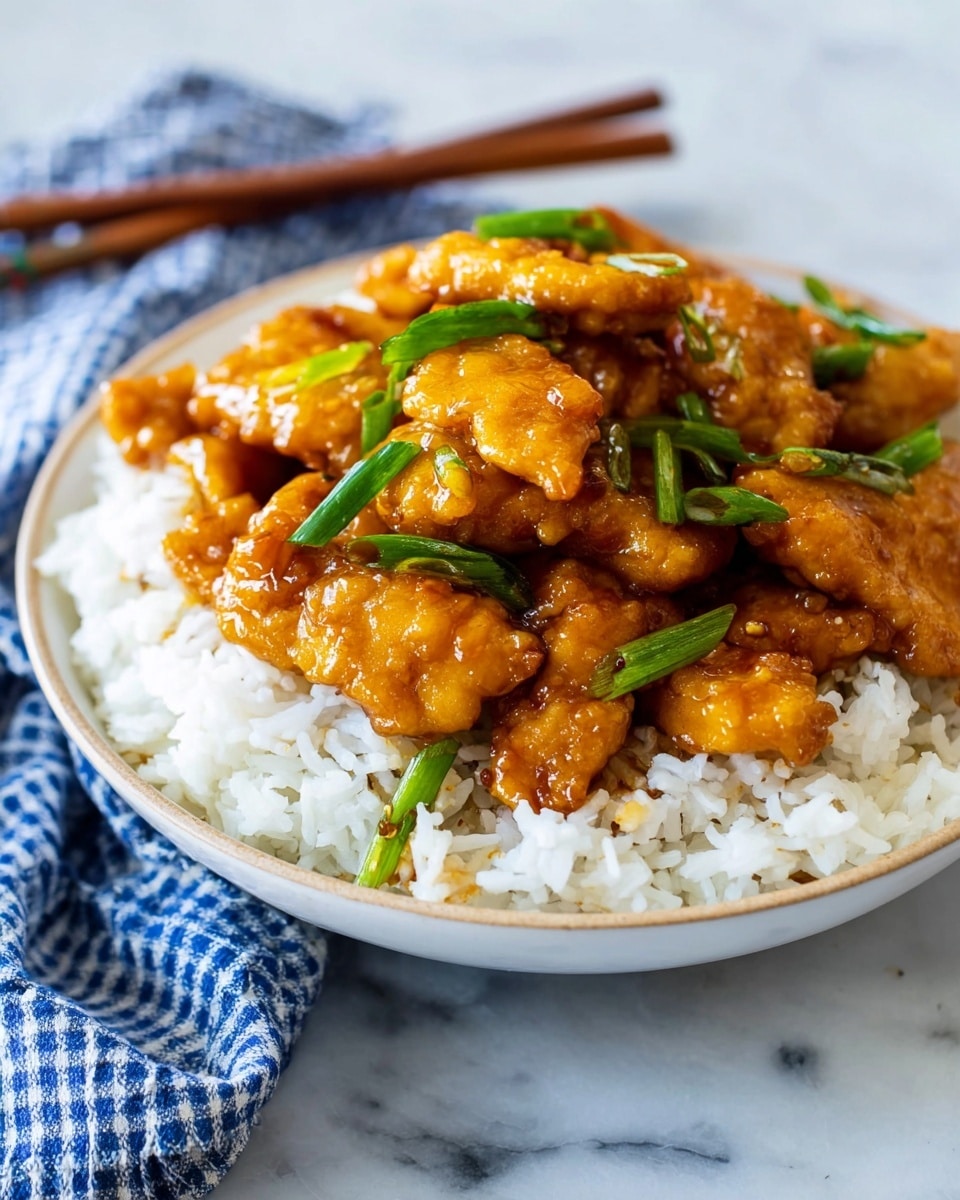 The dish shows a white bowl filled at the bottom with a layer of white fluffy rice with visible separate grains. On top, there is a thick layer of golden-brown pieces of chicken coated in a shiny, slightly sticky sauce that makes them look glazed. Scattered among the chicken are fresh green pieces of chopped scallions, adding color contrast. The bowl is placed on a white marbled surface, and in the background, there are wooden chopsticks and a blue and white checkered cloth. The food is well-lit, showing textures clearly, photo taken with an iphone --ar 4:5 --v 7