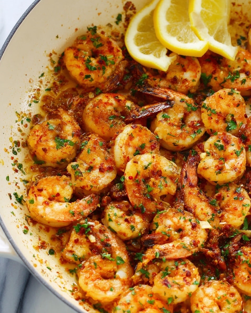 The image shows a close-up of a white pan filled with cooked shrimp, each shrimp curled and coated in a golden mix of spices and herbs. The shrimp have a shiny, slightly crispy texture with bits of chopped green herbs sprinkled on top. Scattered among the shrimp are a few small pieces of browned garlic and red pepper flakes, adding color and texture. On the side of the pan are two lemon wedges, bright yellow with white pith visible, adding a fresh contrast to the warm colors of the shrimp. The pan sits on a white marbled surface. Photo taken with an iphone --ar 4:5 --v 7