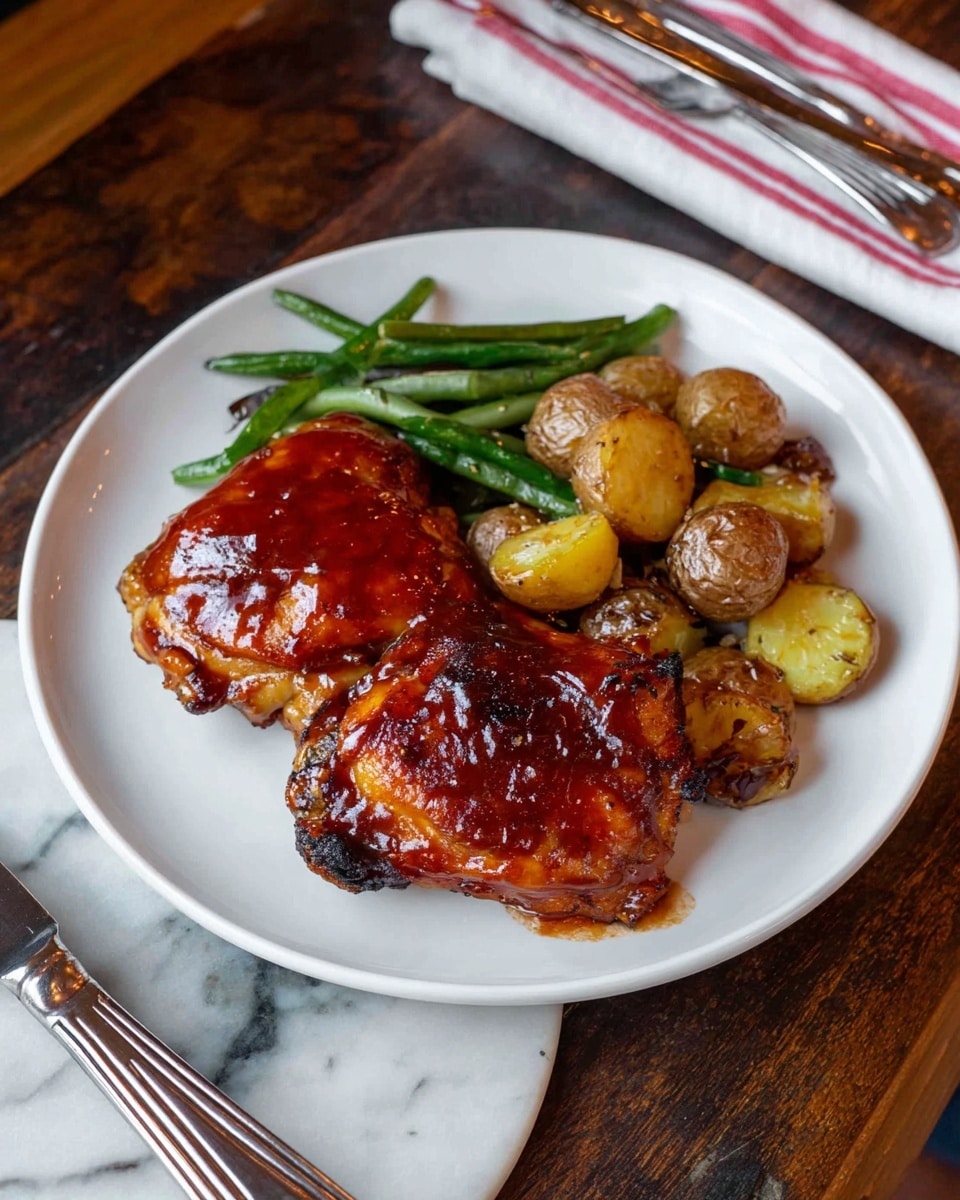 The dish shows two pieces of glazed chicken on the left side of a white plate, covered with a shiny, reddish-brown sauce that looks sticky and slightly charred in places. On the right side, there are small roasted potatoes, some halved showing a golden, crisp texture inside, mixed with green beans that have a bright, fresh green color. The plate is placed on a dark wooden table with a white marbled surface visible around the edges, and a fork and knife with a red-striped cloth napkin are partially visible at the bottom. photo taken with an iphone --ar 4:5 --v 7