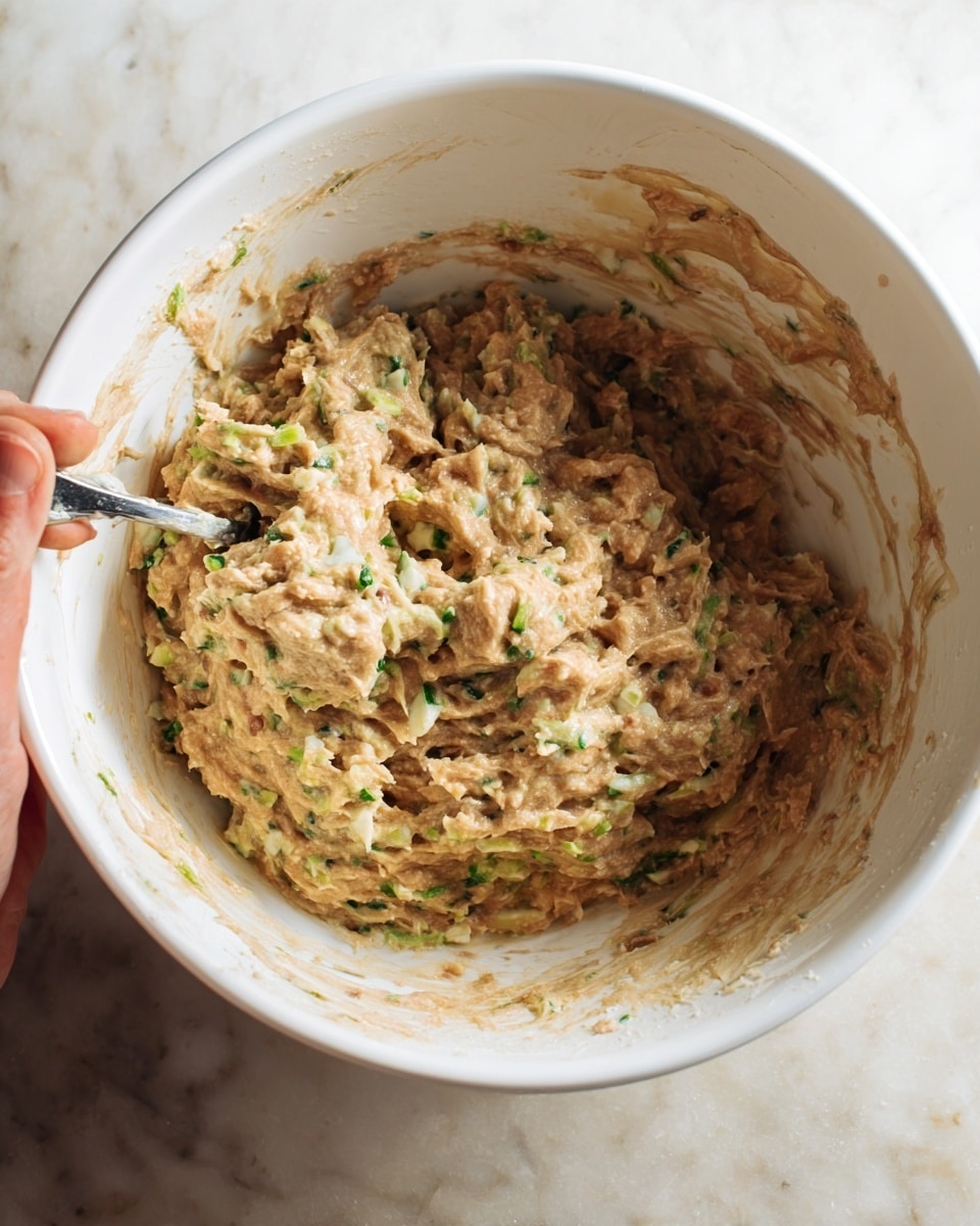 Inside a white bowl, there is a thick mixture that looks creamy and chunky. The mixture is mostly light brown with small green and white bits mixed in, giving it a textured look. A silver spoon is stuck into the mixture on the left side of the bowl, and a woman's hand can be seen holding the right side of the bowl. The bowl is placed on a white marbled surface, and some of the mixture has left streaks on the inside sides of the bowl. The lighting is soft, showing the detail of the mix well. photo taken with an iphone --ar 4:5 --v 7
