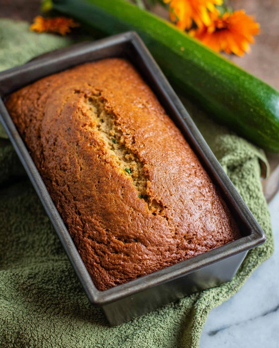 A golden brown, rectangular zucchini bread loaf sits in a dark metal loaf pan. The bread's surface is slightly cracked with small air holes, showing a soft texture. The pan rests on a green textured cloth on a white marbled surface, with a fresh green zucchini and some orange flowers in the background. The lighting highlights the warm, baked color of the bread. photo taken with an iphone --ar 4:5 --v 7