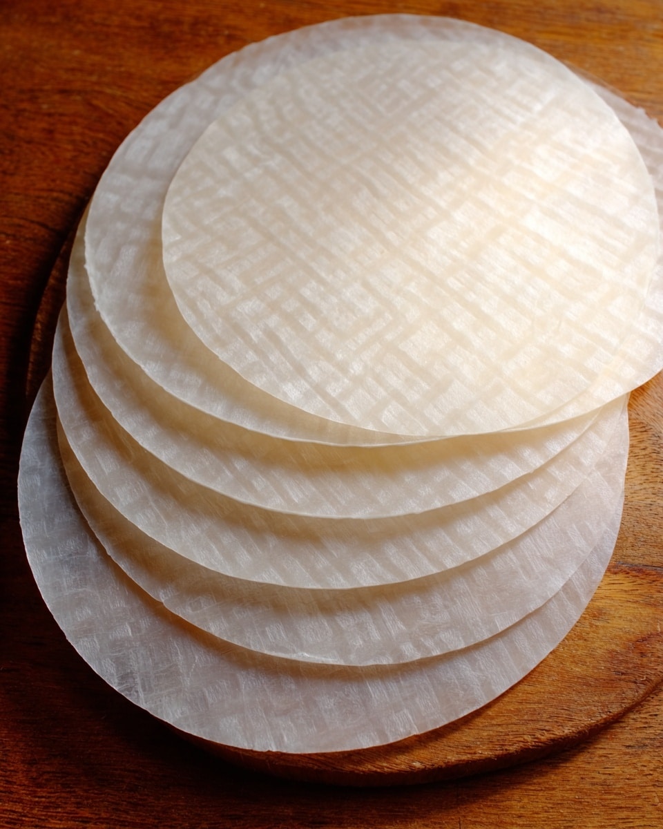 The image shows six thin, round rice paper wrappers stacked on top of each other on a wooden surface. Each wrapper is translucent white with a subtle woven texture pattern visible through them. The edges are smooth and consistent, and the wrappers appear delicate and flexible. The surface beneath is a warm brown wood grain which contrasts with the pale rice papers. photo taken with an iphone --ar 4:5 --v 7