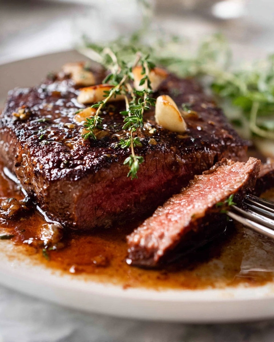 A close-up image of a thick, juicy steak cooked medium rare, showing one slice cut to reveal the tender pink center with a dark brown seared crust. The steak is topped with a sprig of fresh thyme and small roasted garlic cloves scattered on top. The meat sits in a shallow pool of rich brown juices on a white plate. To the side, there is a small amount of greenery, partially visible, adding a fresh touch. A fork is holding the sliced piece of steak. The plate is placed on a white marbled surface. photo taken with an iphone --ar 4:5 --v 7