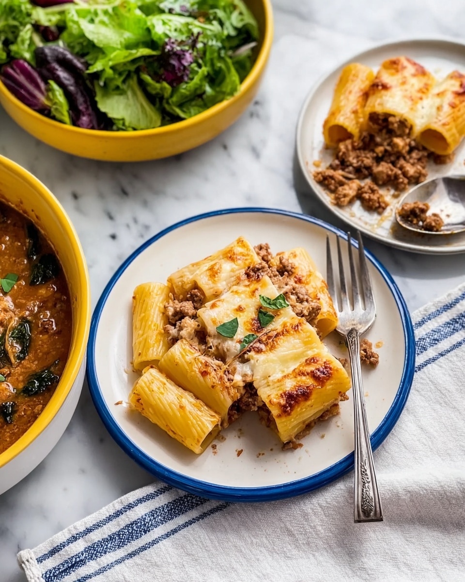 A white plate with two blue rings holds a single layer of large rigatoni pasta pieces that are pale yellow with a slightly shiny texture. On top of the pasta is a layer of browned, melted cheese with some bubbling and darker golden spots, partially covering the pasta underneath. There are small bits of brown ground meat scattered around and on the pasta. A silver fork rests on the right side of the plate. To the left side, a yellow bowl contains a brown stew with visible chunks of ground meat and greens. Lower left shows a bowl of mixed green salad with different leafy textures in dark green and purple shades. On the right, a white plate with some spilled brown ground meat and a dark spoon holds more cheesy pasta in the background. The setting is on a white marbled surface, and a white cloth with blue stripes is folded nearby. Photo taken with an iphone --ar 4:5 --v 7