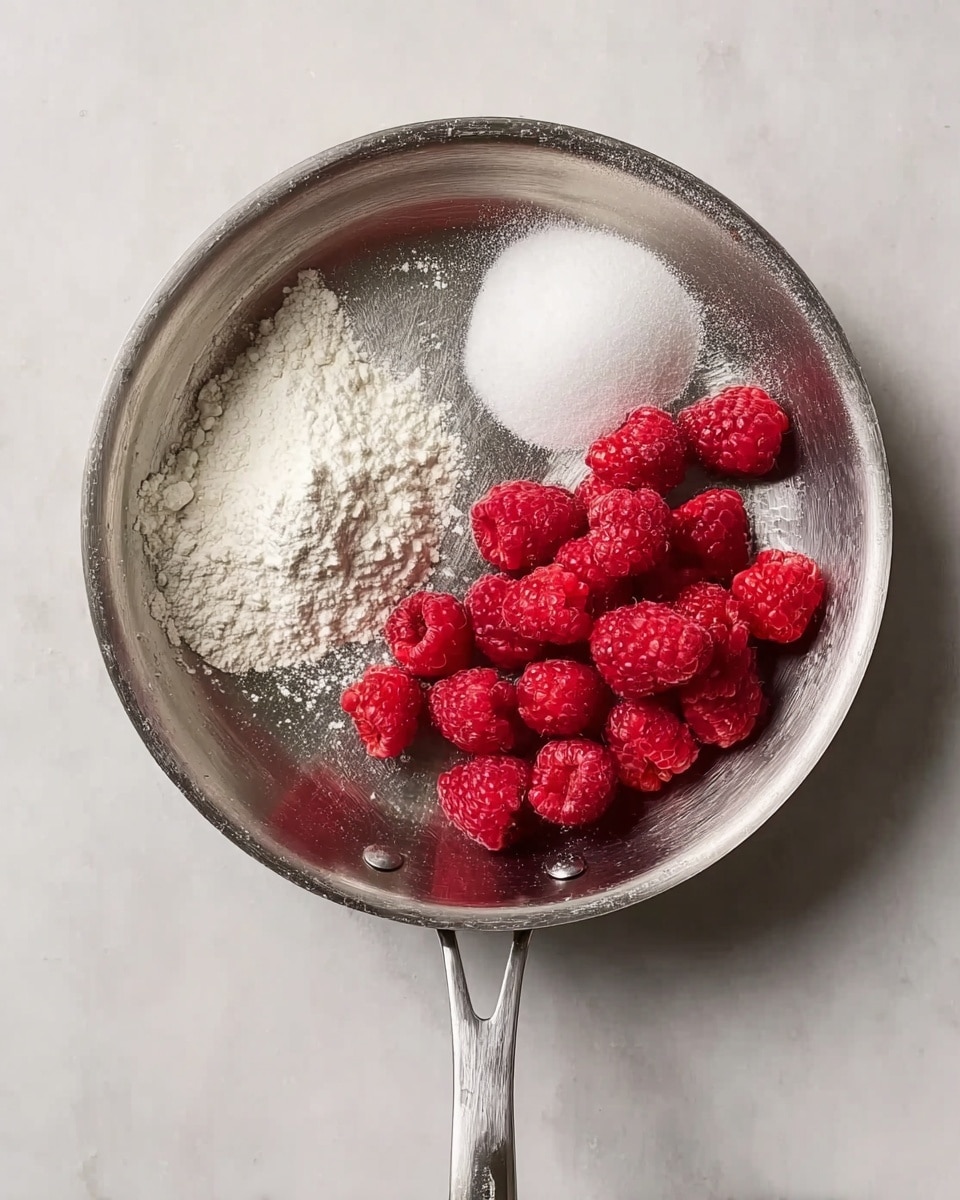 A shiny stainless steel pan with a few separate piles inside on a white marbled surface: bright red fresh raspberries at the bottom right, a white powdery pile of flour on the top left, another white granular pile of sugar on the top right, and a small clear pile of liquid, possibly water, near the middle. The pan handle extends downward from the bottom center. Photo taken with an iphone --ar 4:5 --v 7